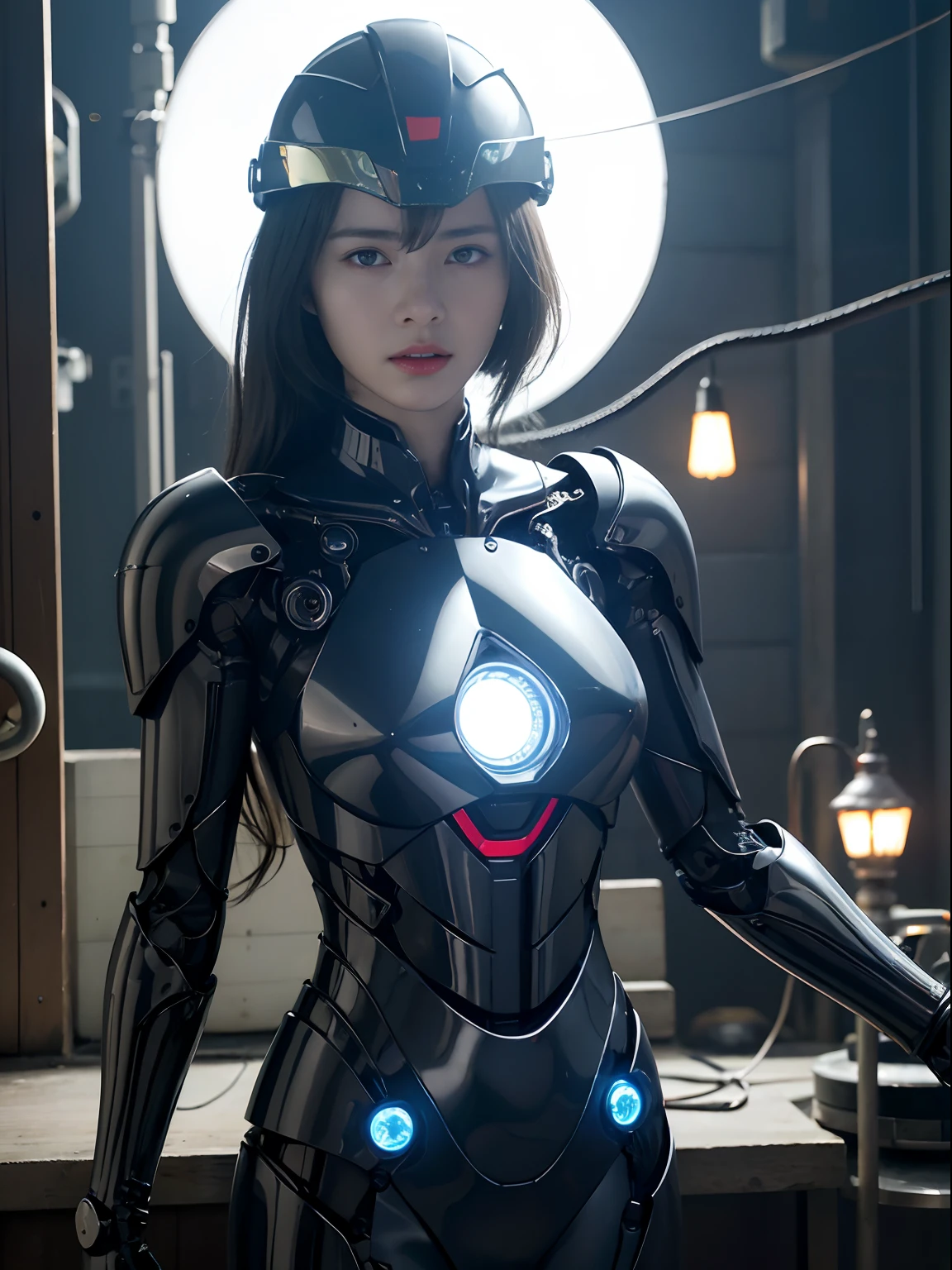 Big black eyes, Aura, light brown long wavy hair, Black and blue sci-fi armor, Sci-fi style, High quality, atmosphere, War