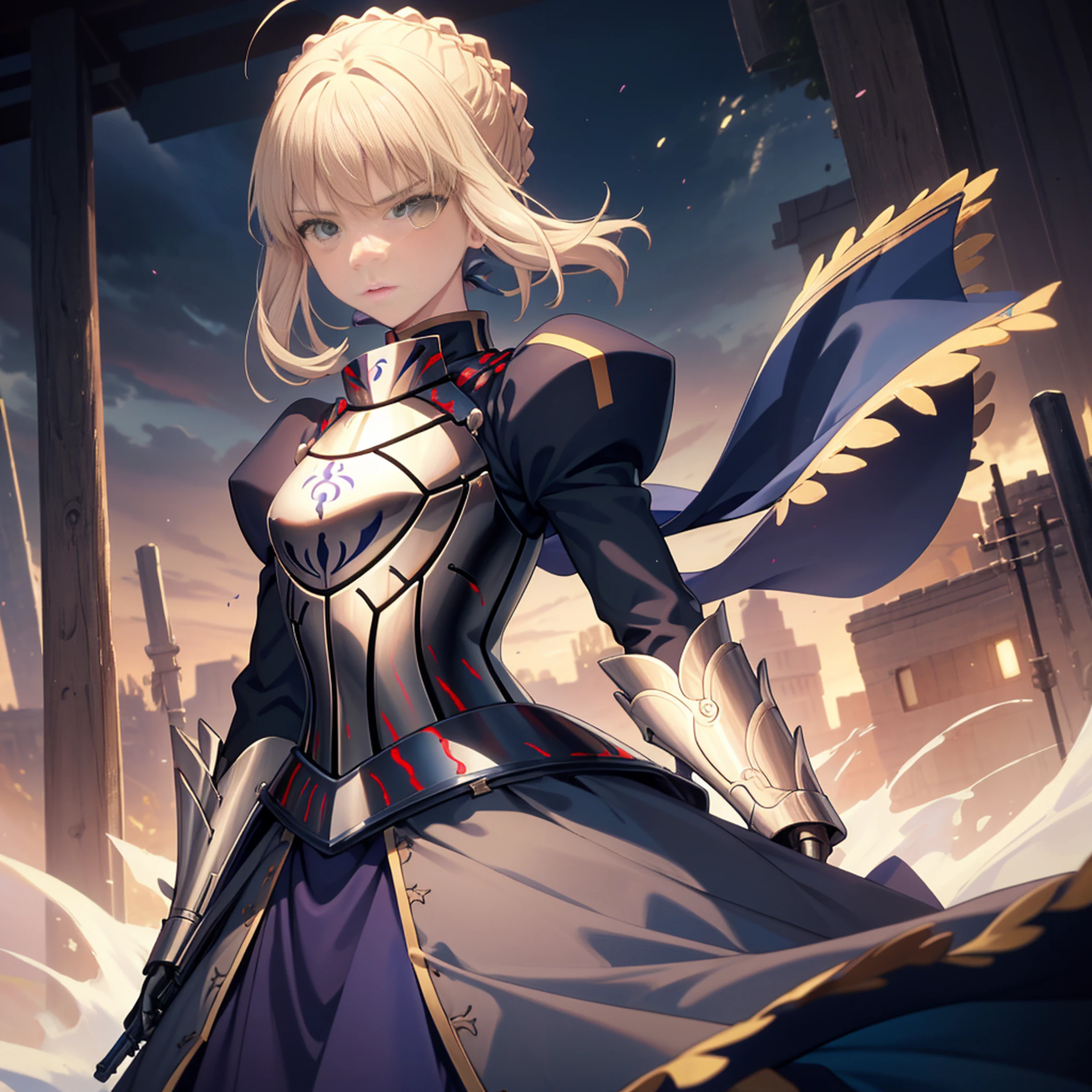 best quality, master part, phAlter, phAltoria, 1girl, sozinho, Arma escura, vestido blindado escuro, espada escura, Olhando para o Viewer, segurando arma escura, Manoplas escuras, segurando espada escura, cabelo entre os olhos, vestido preto, breastplate, armadura preta, Fechaduras laterais, franja, french braid, separated-lips, mangas inchadas, mangas compridas, short hair,