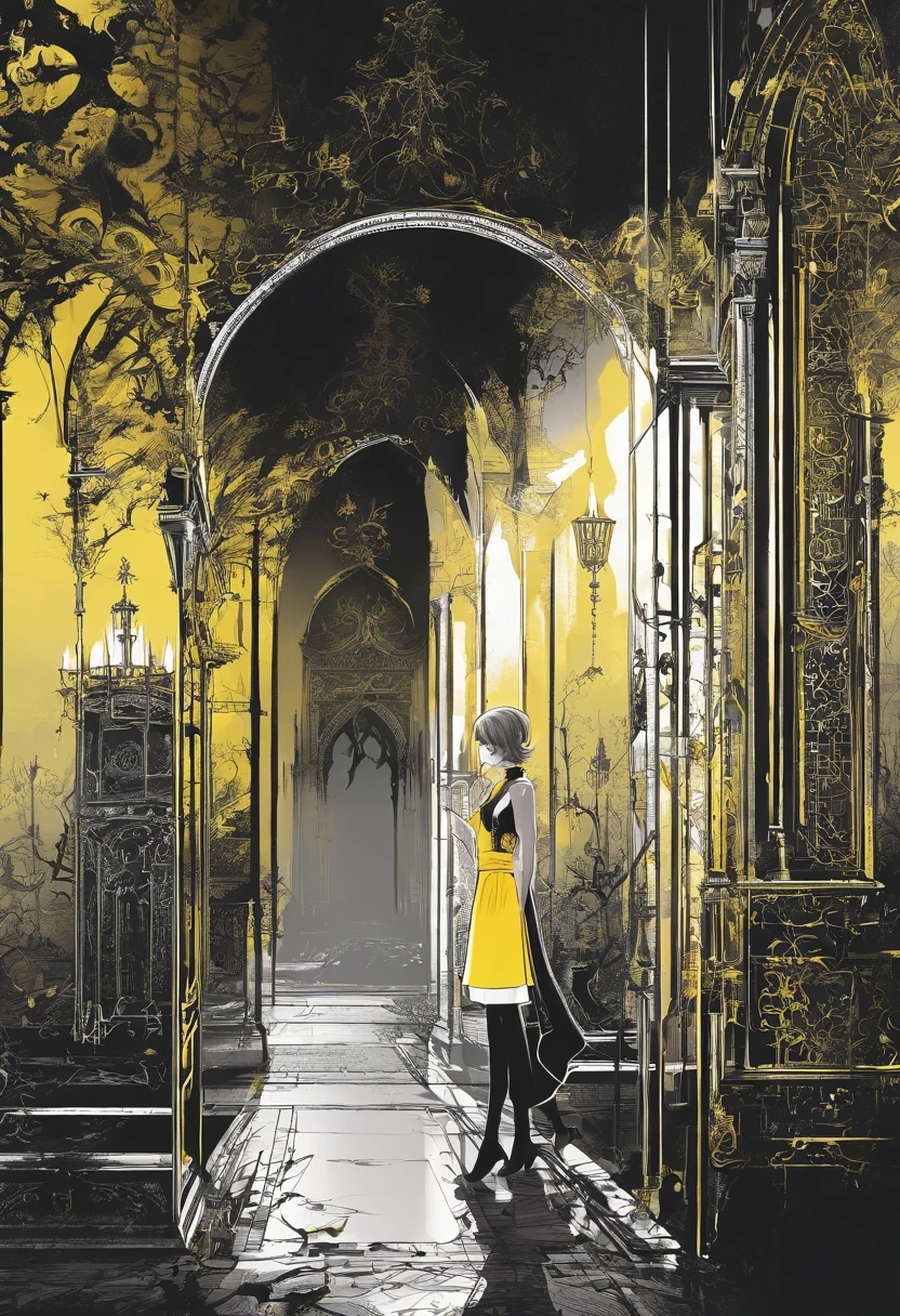 Under the night,A girl with short hair,Wearing a yellow top,white pantie,Look out the window,Back shadow