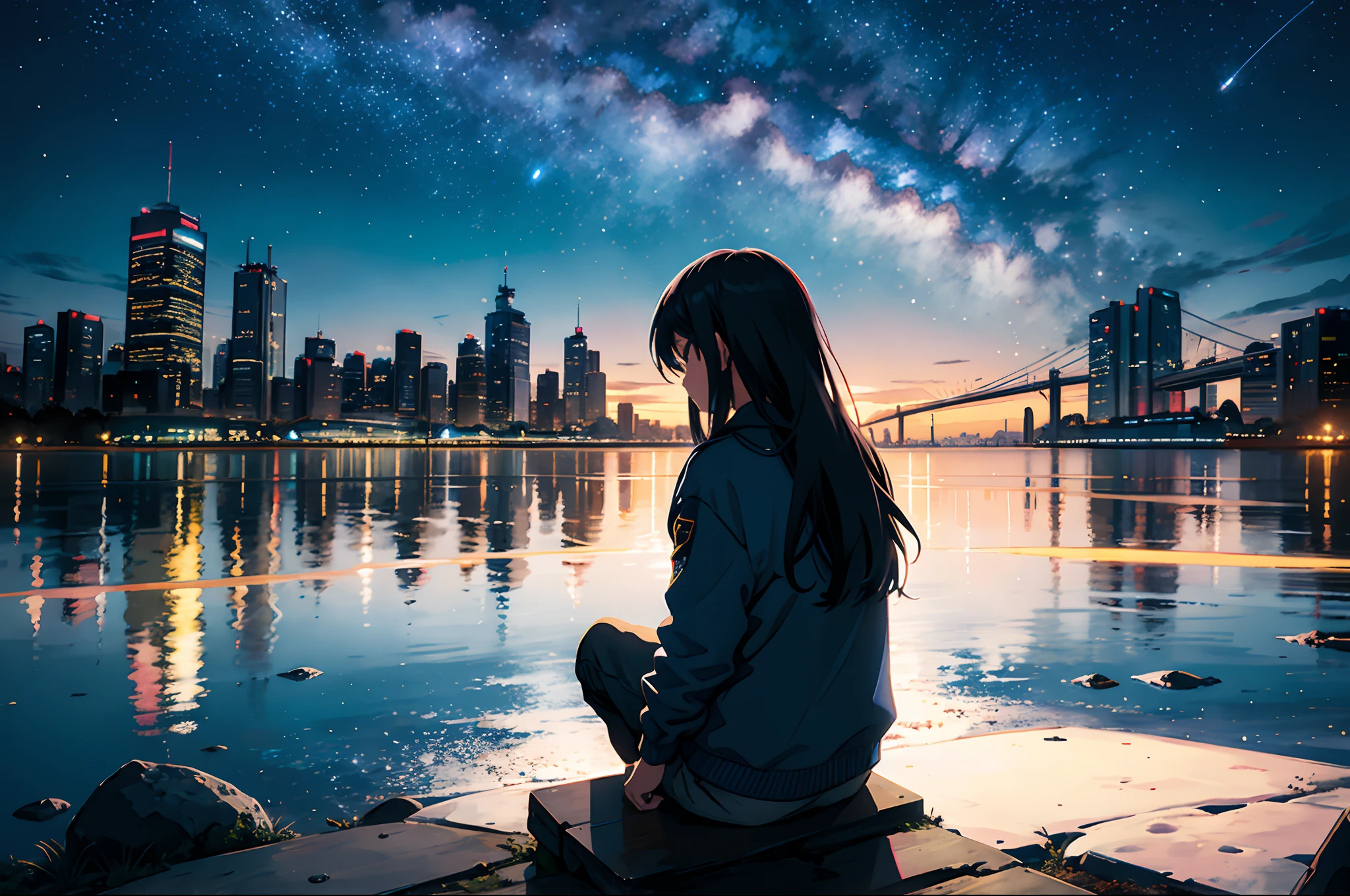 A woman sitting on a rock looking at the city skyline - SeaArt AI