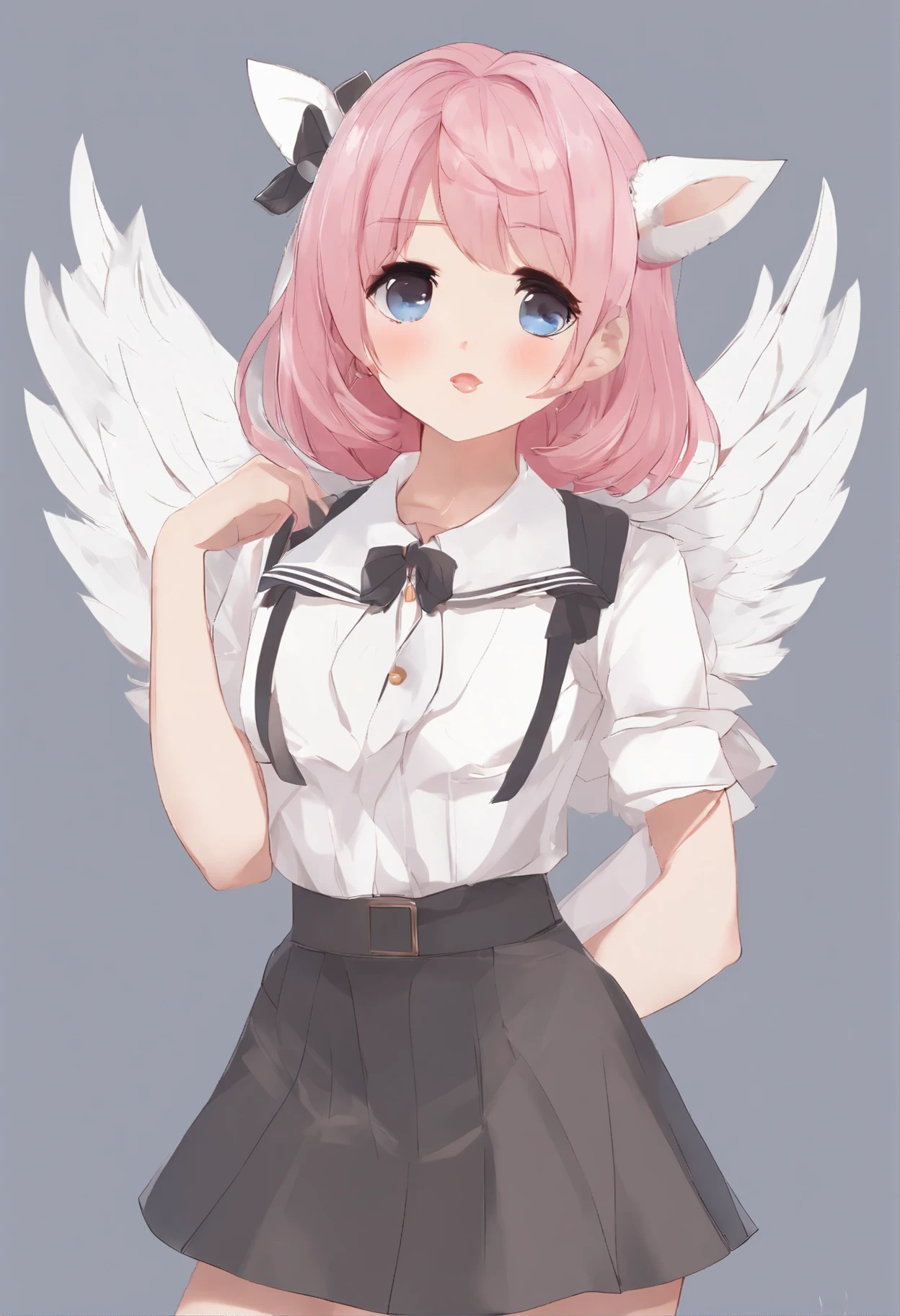 skistyle, 1girl, solo, pink hair, animal ears, blue eyes, wings, looking at viewer, mole, bangs, short hair, bow, sailor collar, simple background, white sailor collar, mole under mouth, hair bow, pink bow, closed mouth, shirt, white shirt, bear ears, bob cut, mini wings, grey background, portrait, detached wings, makeup, upper body, white background