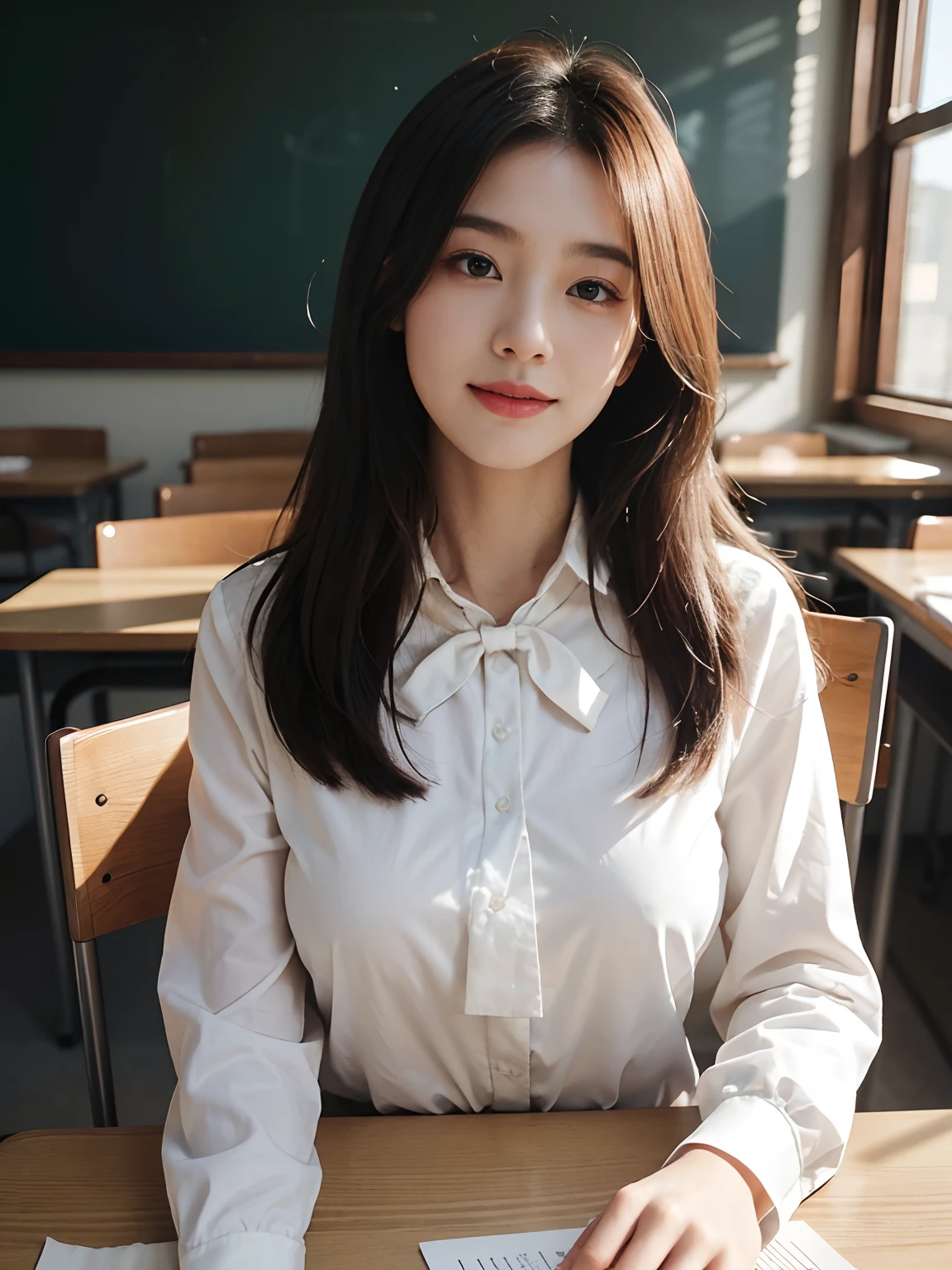 best qualtiy，tmasterpiece，超高分辨率，（真实感：1.4），RAW photogr，1girll，long whitr hair，Face Highlighting，Pure，Girly，Flushing，18yr old，18-year-old smiling female classmate，Pure，Innocent，（best qualtiy，8K，tmasterpiece:1.3），Goose egg face，largeeyes，long eyelasher，Exquisite（live-action realistic style），Star-like eyes，Ultimate face，Photorealistic light and shadow，Clear facial features，Milky white skin，Fair skin， highdetailskin， Realistic skin details， Visible Pore，（Super detail），（perfect bodies：1.1），long whitr hair，（dynamicposes），((Dynamic background((volumettic light：1.3))，‎Classroom，Plaid skirts，huge tit，White color blouse，neck bowtie，There was a stack of books on the table，The blackboard is full of mathematical formulas，The girl sits in a chair
