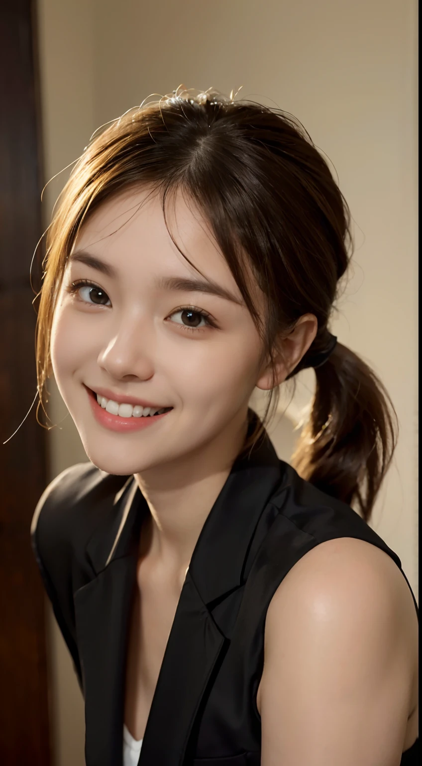 1 pretty girl,white skinned,brown hair,looking at viewer,pony tail, happy smile, black suit, dynamic