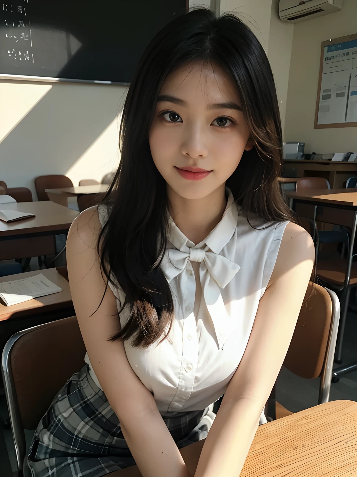 best qualtiy,tmasterpiece,超高分辨率,(真实感:1.4),RAW photogr,1girll,long whitr hair,Face Highlighting,Pure,Girly,Flushing,18yr old,18-year-old smiling female classmate,Pure,Innocent,(best qualtiy,8K,tmasterpiece:1.3),Goose egg face,largeeyes,long eyelasher,Exquisite(live-action realistic style),Star-like eyes,Ultimate face,Photorealistic light and shadow,Clear facial features,Milky white skin,Fair skin, highdetailskin, Realistic skin details, Visible Pore,(Super detail),(perfect bodies:1.1),long whitr hair,(dynamicposes),((Dynamic background((volumettic light:1.3)),Classroom,Plaid skirts,huge tit,White color blouse,neck bowtie,There was a stack of books on the table,The blackboard is full of mathematical formulas,The girl sits in a chair