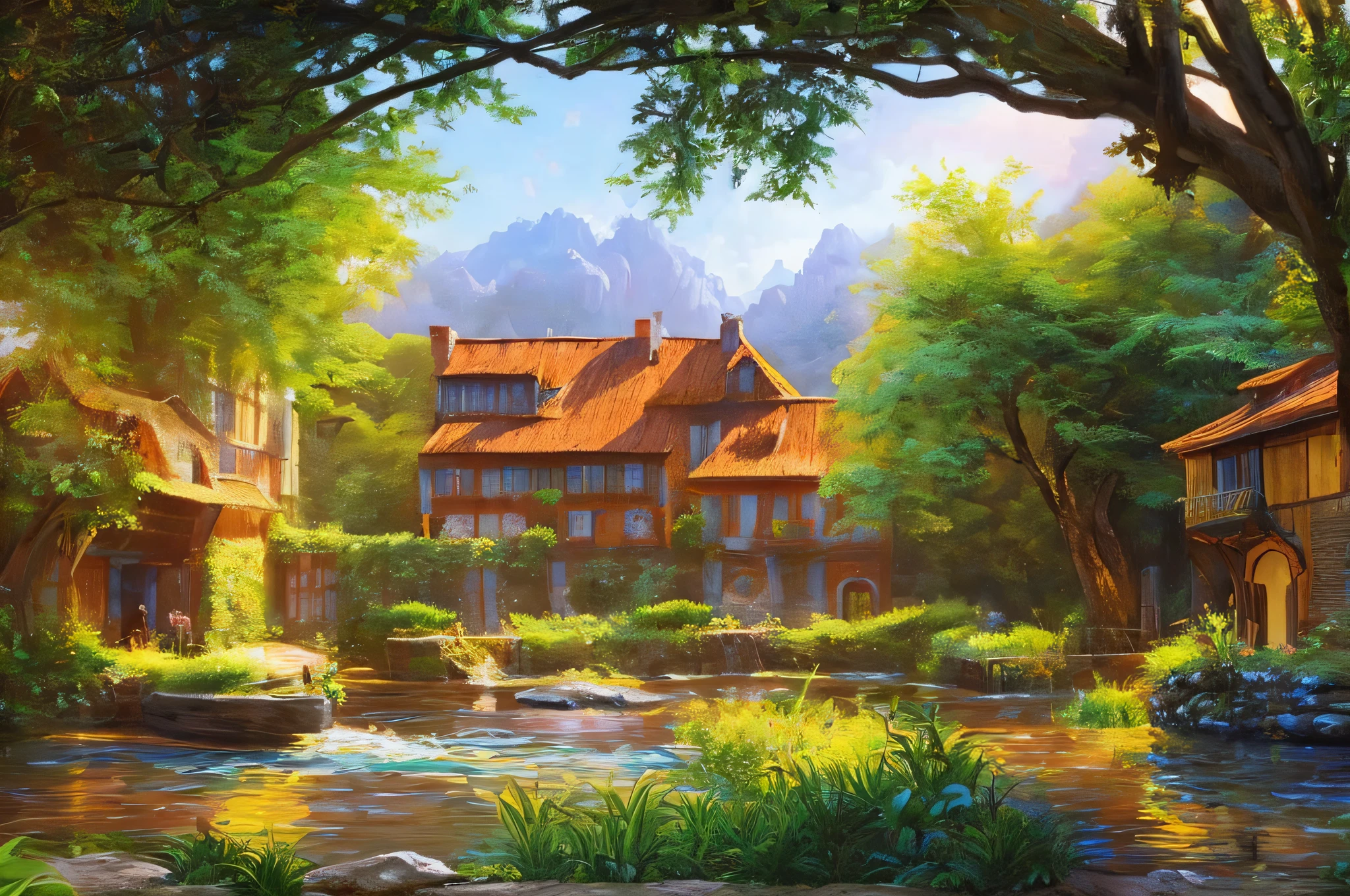 scene of a courtyard, 3 people, tranquil river, sunlight, glow, scenery concept art, overgrowth. by Renoir , relaxing concept art, traditional classic concept art, a beautiful artwork illustration. high detail, background art, detailed concept art, environment design illustration, concept art highly detailed