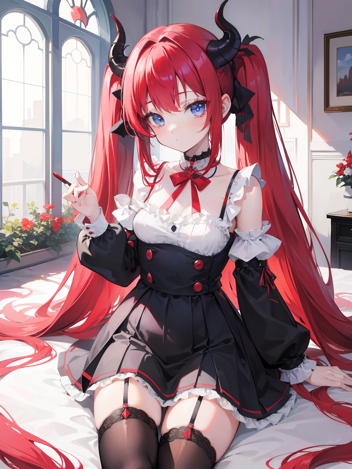 red hair,blue eyes,twintails, long hair, solo, loli, black stockings,{{best quality}}, {{masterpiece}}, {{ultra-detailed}}, {illustration}, {detailed light}, {an extremely delicate and beautiful},little girl,cute,Succubus, demon,horns