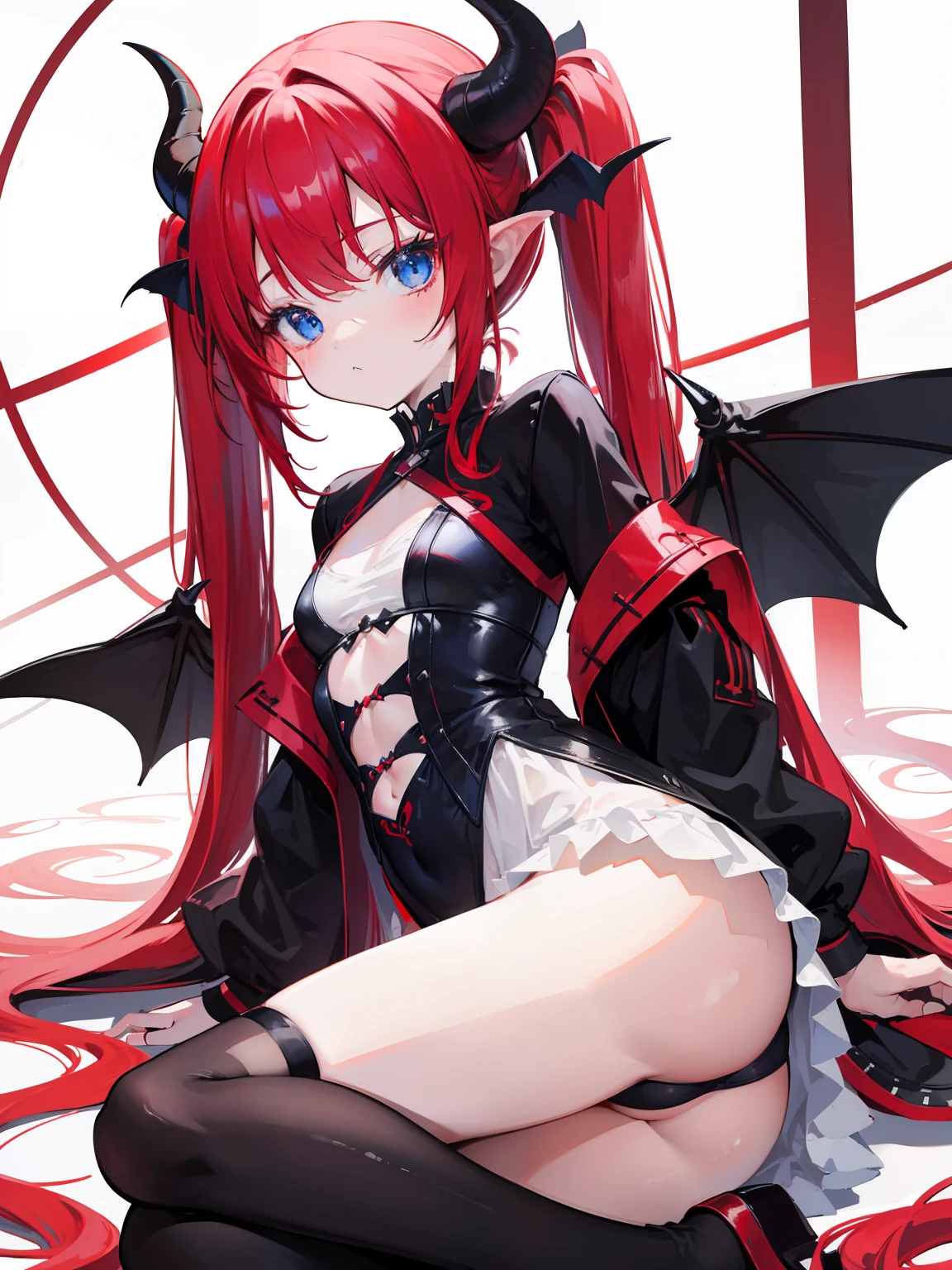 red hair,blue eyes,twintails, long hair, solo, loli, black stockings,{{best quality}}, {{masterpiece}}, {{ultra-detailed}}, {illustration}, {detailed light}, {an extremely delicate and beautiful},,cute,Succubus, demon,horns