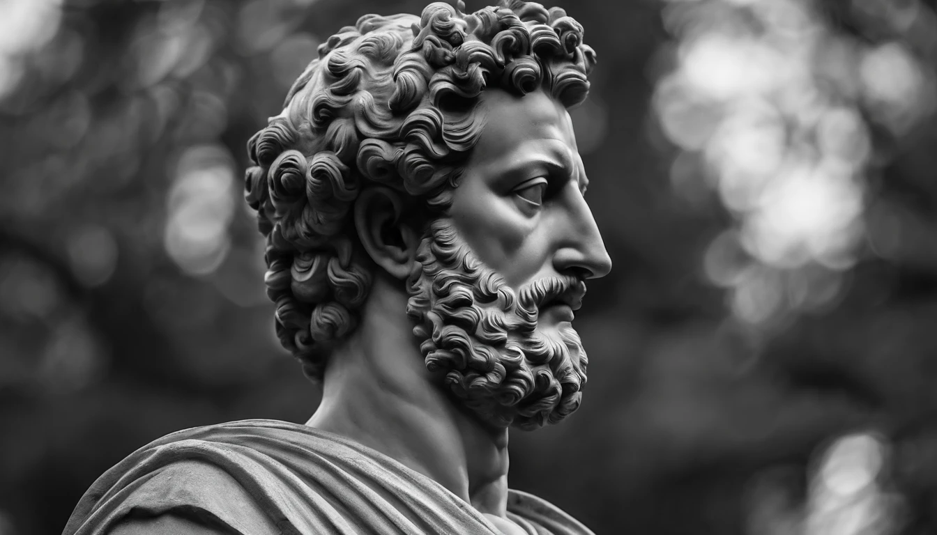 a statue of the stoic Marcus Aurelius in black and white 4K,Face de lado, papel de parede super realista, corpo forte, sem camisa, tronco forte
