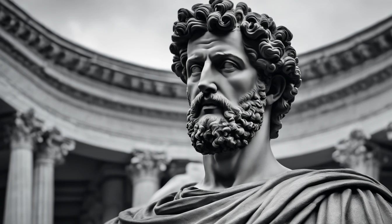 a portrait statue of the stoic Marcus Aurelius in black and white 4K,Face de lado, papel de parede super realista , sem camisa, Sintura,corpo forte,strong upper arms,tronco forte