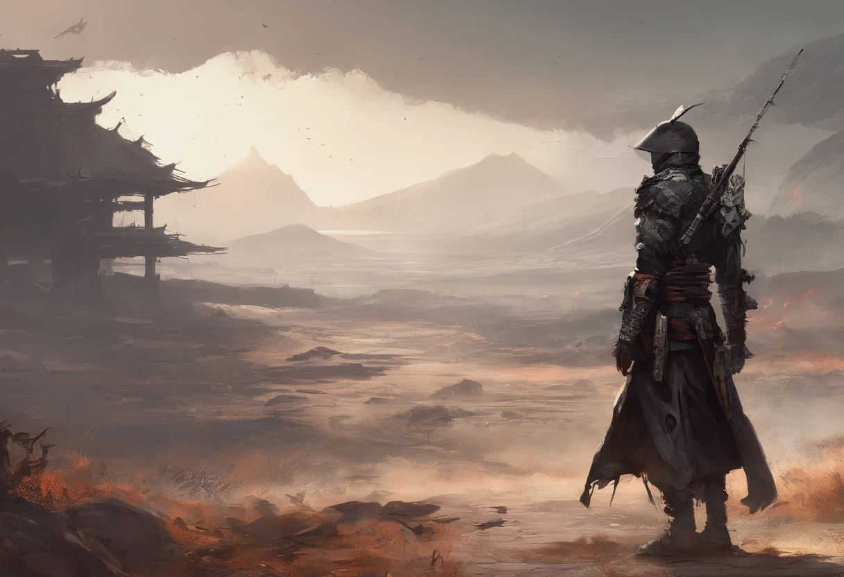 Post-apocalyptic wars, Shades of white, Nero, A desert, survivor, , shadowing, Gloomy atmosphere, darkly, ((natta)), The breadth of the landscape, book cover，Wasteland，samurais，Wasteland，Samurai of Japan，japanese armor，Wasteland clothing，