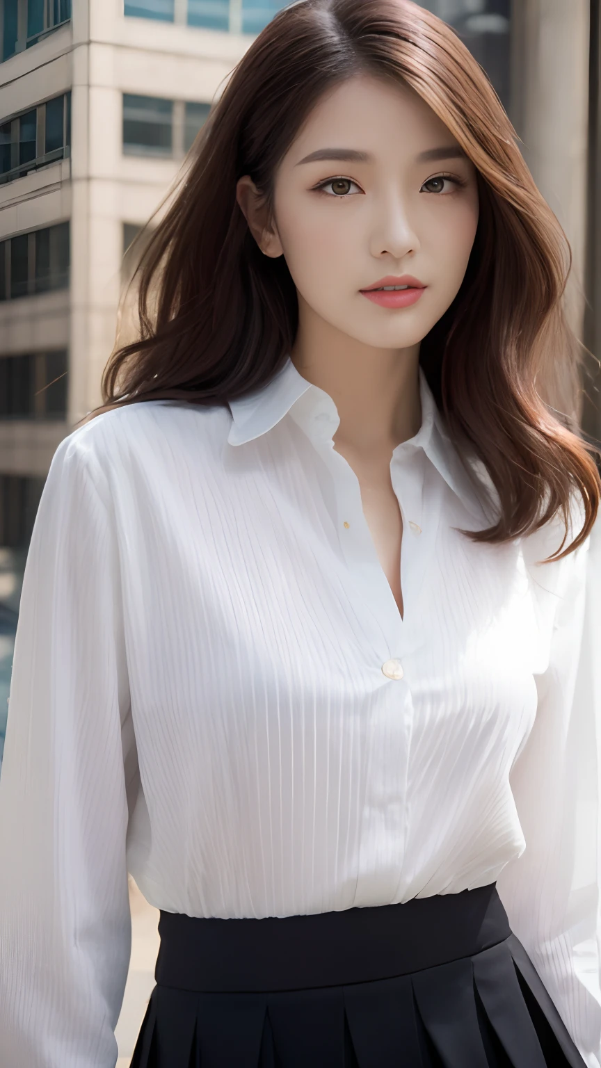 (Best quality, High resolution, Masterpiece :1.3), A tall and pretty woman, Slender abs, Dark brown hair styled in loose waves, Breasts, White button up shirt, Black pleated skirt, (Modern architecture in background), Details exquisitely rendered in the face and skin texture, Detailed eyes, Double eyelid