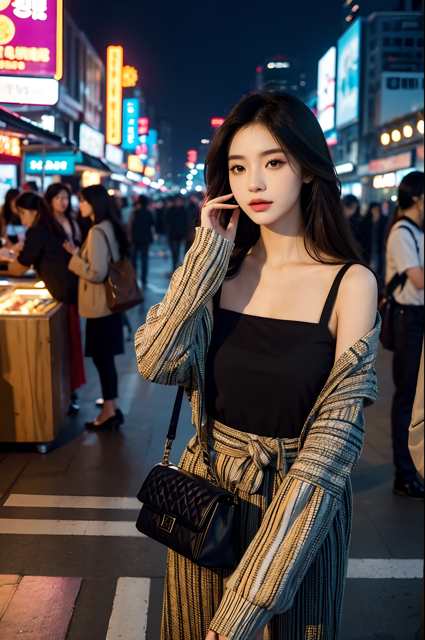A beautiful city girl with detailed makeup, Stylish clothes, and a high-class sense of fashion, Long straight hair, Bring a stylish handbag, And wear trendy sunglasses, Walk the busy streets of Seoul confidently [urban, modern, vibrant]. Her flawless porcelain skin sparkled in the sun, Highlight her impeccable complexion. The vibrant colors of the cityscape create a vivid backdrop, The market is bustling, Neon lights, and skyscrapers [Dynamic, Energetic]. The girl is surrounded by a group of fashionable girls, Different styles, Each one reflects their personality [Stylish, diffe]. The overall scene exudes charm and sophistication.

Artworks are rendered using a mix of digital painting and photography techniques [mixed media, Contemporary]. It demonstrates a high level of detail, Girls have intricate patterns on their clothes, Highlight her fashion-forward style. Well-designed lighting，Create soft and dramatic effects, Enhance the overall atmosphere of the image [Soft lighting, Dramatic atmosphere]. The color palette consists of vibrant and saturated hues, Give the artwork a bold and captivating look [vibrant, Colorful]. The composition of the artwork is carefully balanced, Draw the audience's attention to the fashion girl in the middle，while capturing the energy of the surrounding city [Balanced composition].

(Best quality, 4K, High-res), Ultra-detailed, realistic artwork, With a clear focus and vibrant colors, The perfect summary of the essence of urban fashion [Masterpiece:1.2, Ultra-detailed, Realistic:1.37]. The image quality is top-notch, Show every intricate detail of girls' makeup, Her stylish suit, and vibrant cityscapes. The overall feel of the artwork is exquisite，Visually stunning.