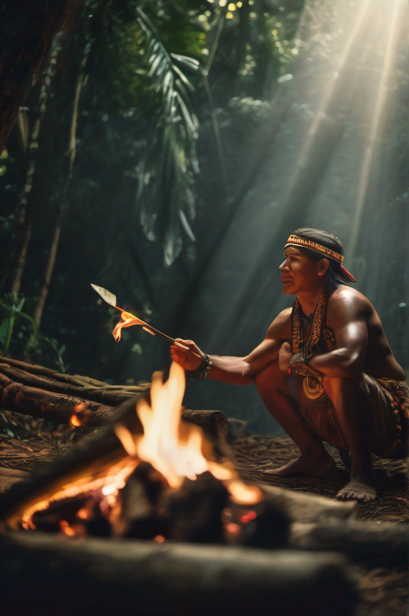 Amazon rainforest, indigenous hollow, Yanomami shaman, and a white hunting man in safari clothing, around the campfire, ritual, drinking from the coconut shell, high level of detail, dramatic lighting, hyperrealism