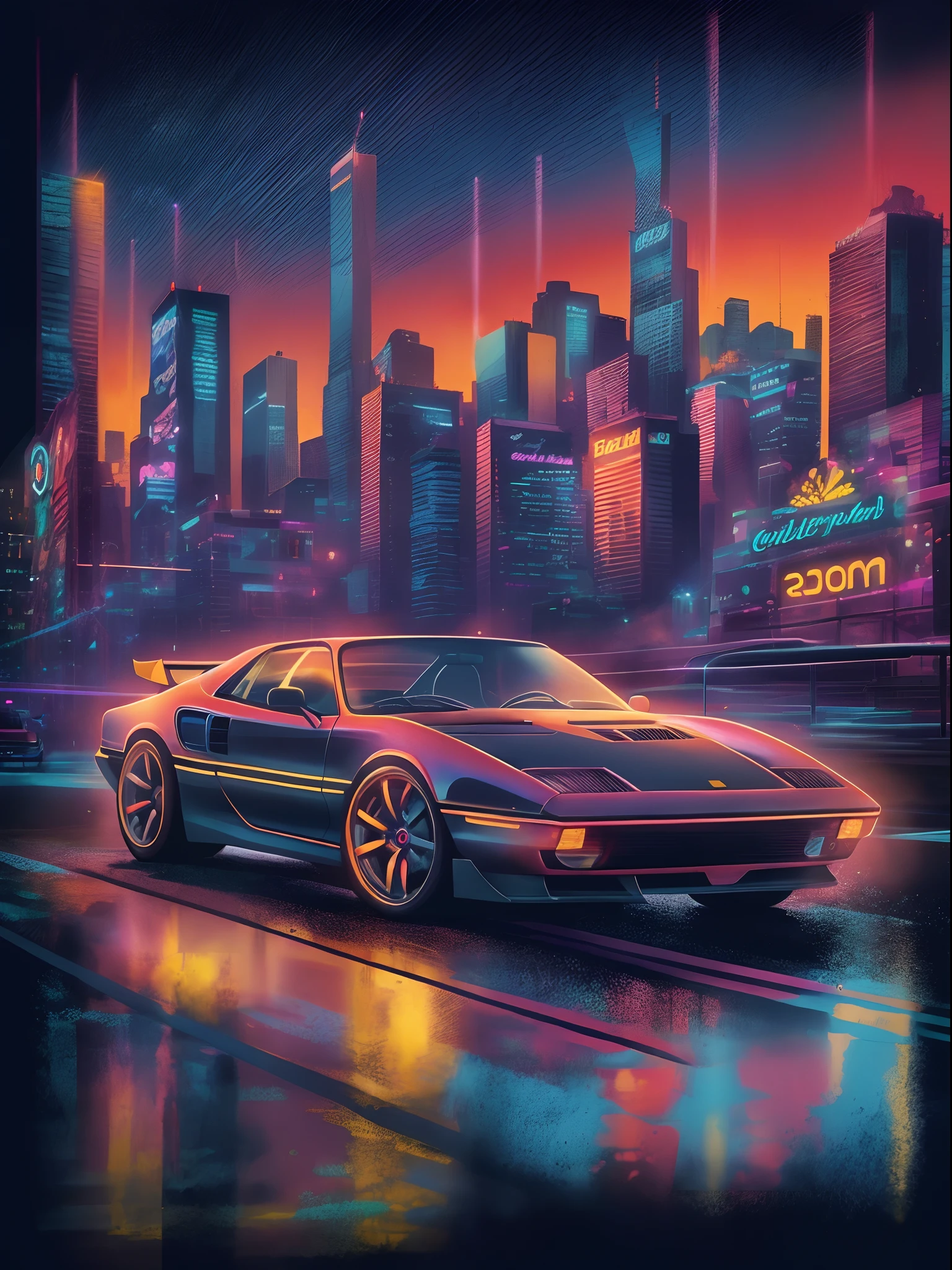 Wear this retro-inspired T-shirt design in the midst of a neon-lit night scene. Imagine that，A stylish 80s sports car traverses the cityscape under neon lights. The futuristic skyline shines with bright colors, Reflective of the shiny surface of the car. Embrace the nostalgia of the 80s and the thrill of high-speed adventure in this exciting design.