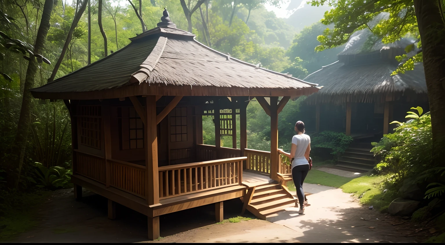 Wooden walkway, the woods, gazebo, tropical forest, jungle setting, peacful, Mountainous, malaysian, highly  detailed, Araved woman, Walk in front of the body direction, The tip of the foot is in front, Face 180 degrees to the back, Fitness equipment, White sportswear, Ghastly, Boardwalk trail, Rear perspective, Background view, Walking posture, Local magnification
