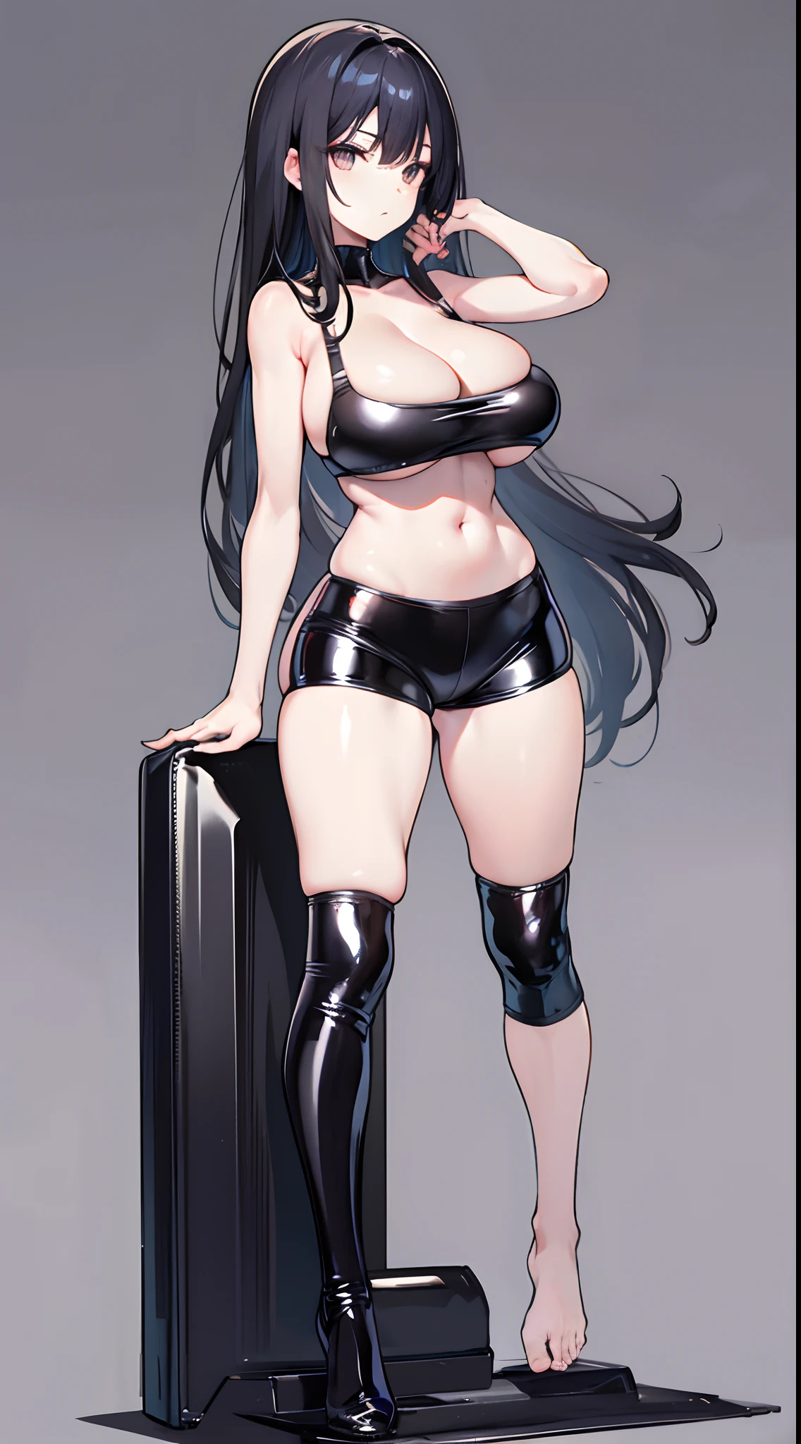 Blank background,stand posture,Solo,gigantic cleavage breasts,Black hair,Black colored eyes,The barefoot,Sports bra,Latex bra,Latex tong,Latex knee pads,Latex elbow pads
