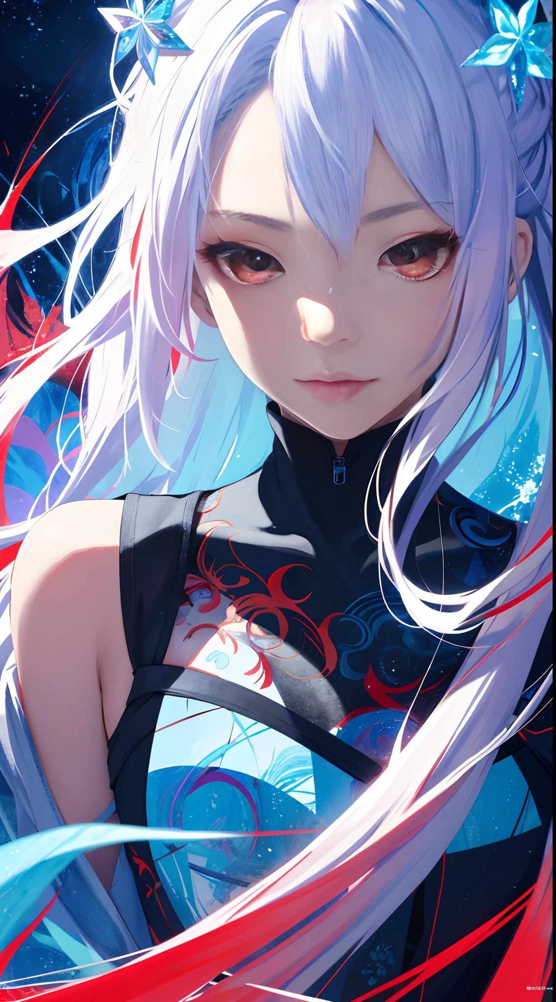 realisticlying、Masterpiece quality、best qualtiy、offcial art、Beauty and aesthetics:1.2、Very detailed fractal art、Colorful abstract background、Girl、Kamimei、The color hair、long whitr hair、luminous red eyes、Mysterious magic、Girl of Ice and Fire,Red and blue color scheme,cinematric light,dynamicposes,upperbody closeup