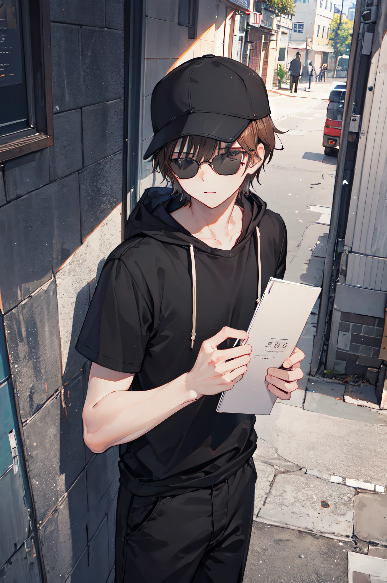 best quality,masterpiece,original,extremely detailed wallpaper,looking at viewer,1boy,male,male focus,solo,scene hair,brown hair,black cap,black shirt,hood,sunglasses,black pants,