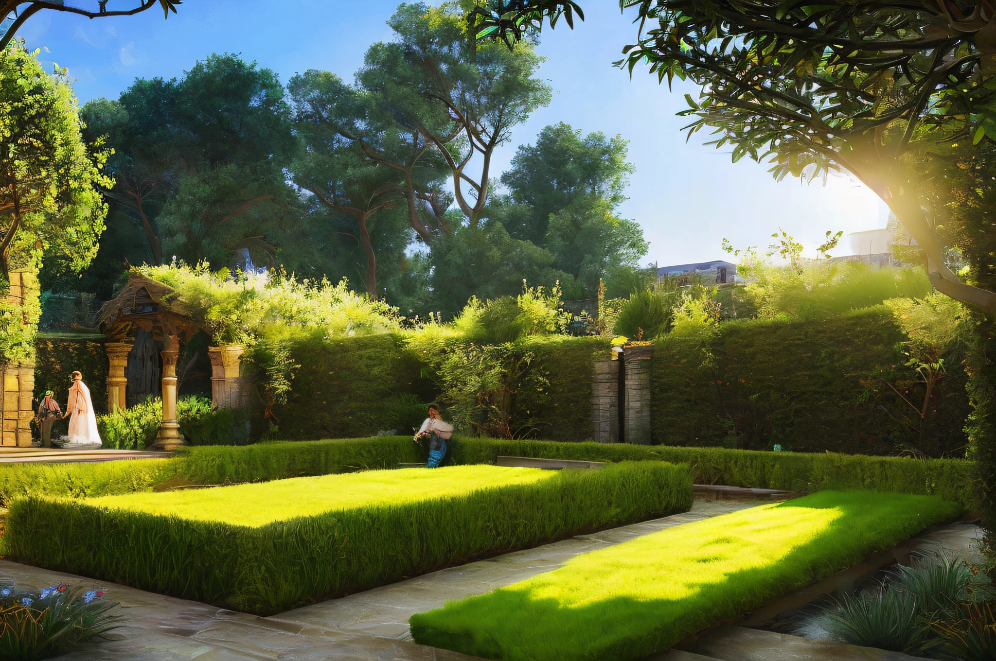 scene of a courtyard, 3 people, tranquil grass, sunlight, glow, scenery concept art, overgrowth. by Renoir , relaxing concept art, traditional classic concept art, a beautiful artwork illustration. high detail, background art, detailed concept art, environment design illustration, concept art highly detailed