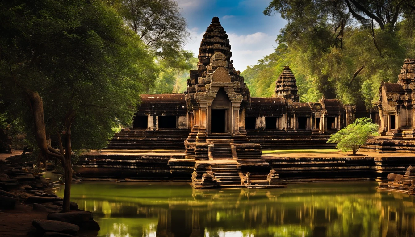 (stable diffusion photo,great detail photo:1.25),epic landscape in Cambodia,gorgeous Angkor Wat temple, magnificent architectural beauty,tall and intricate towers,ancient ruins,natural stone carvings,serene atmosphere,historical wonder,(dark,shadowy,mysterious) jungle backdrop,twisting vines and lush vegetation,thick canopy of trees,hints of sunlight piercing through the foliage,dreamlike,ethereal atmosphere,(falling angel:1.1) gracefully descending from the sky,elegant and mesmerizing,angelic wings extended wide,dressed in flowing robes,divine beauty and grace,(intense gaze:piercing eyes,mesmerizing eyes:1.1) radiating wisdom and ethereal energy,(serene expression,calm demeanor),golden halo shimmering above her head,magical aura surrounding her,(dramatic lighting:1.2) casting deep shadows and highlighting her features,(mysterious atmosphere:1.1) adding an air of mystique and enchantment,(vivid colors:lush greens,mossy browns,rich earth tones),(subtle warm tones:golden hues,soft orange glow),creating a contrast between light and dark,(detailed leaves:1.15) with intricate textures and veins,mosaic patterns etched into the stone walls,reflections of the temple in a nearby tranquil pond,(ancient spirituality:sacred energy,presence of the divine),immerse yourself in the history and grandeur of ancient Cambodia.huge