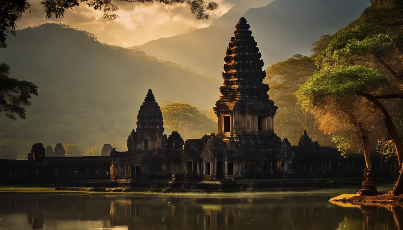 (stable diffusion photo,great detail photo:1.25),epic landscape in Cambodia,gorgeous Angkor Wat temple, magnificent architectural beauty,tall and intricate towers,ancient ruins,natural stone carvings,serene atmosphere,historical wonder,(dark,shadowy,mysterious) jungle backdrop,twisting vines and lush vegetation,thick canopy of trees,hints of sunlight piercing through the foliage,dreamlike,ethereal atmosphere,(falling angel:1.1) gracefully descending from the sky,elegant and mesmerizing,angelic wings extended wide,dressed in flowing robes,divine beauty and grace,(intense gaze:piercing eyes,mesmerizing eyes:1.1) radiating wisdom and ethereal energy,(serene expression,calm demeanor),golden halo shimmering above her head,magical aura surrounding her,(dramatic lighting:1.2) casting deep shadows and highlighting her features,(mysterious atmosphere:1.1) adding an air of mystique and enchantment,(vivid colors:lush greens,mossy browns,rich earth tones),(subtle warm tones:golden hues,soft orange glow),creating a contrast between light and dark,(detailed leaves:1.15) with intricate textures and veins,mosaic patterns etched into the stone walls,reflections of the temple in a nearby tranquil pond,(ancient spirituality:sacred energy,presence of the divine),immerse yourself in the history and grandeur of ancient Cambodia.huge
