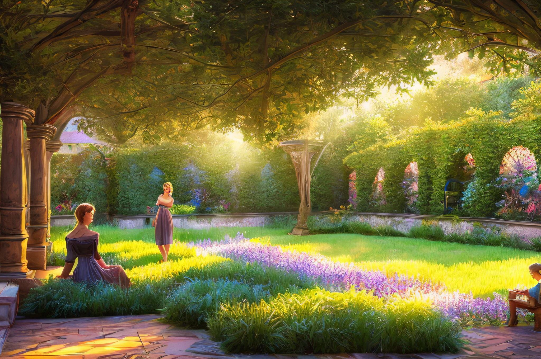 scene of a courtyard, 3 people, tranquil grass, sunlight, glow, scenery concept art, overgrowth. by Renoir , relaxing concept art, traditional classic concept art, a beautiful artwork illustration. high detail, background art, detailed concept art, environment design illustration, concept art highly detailed