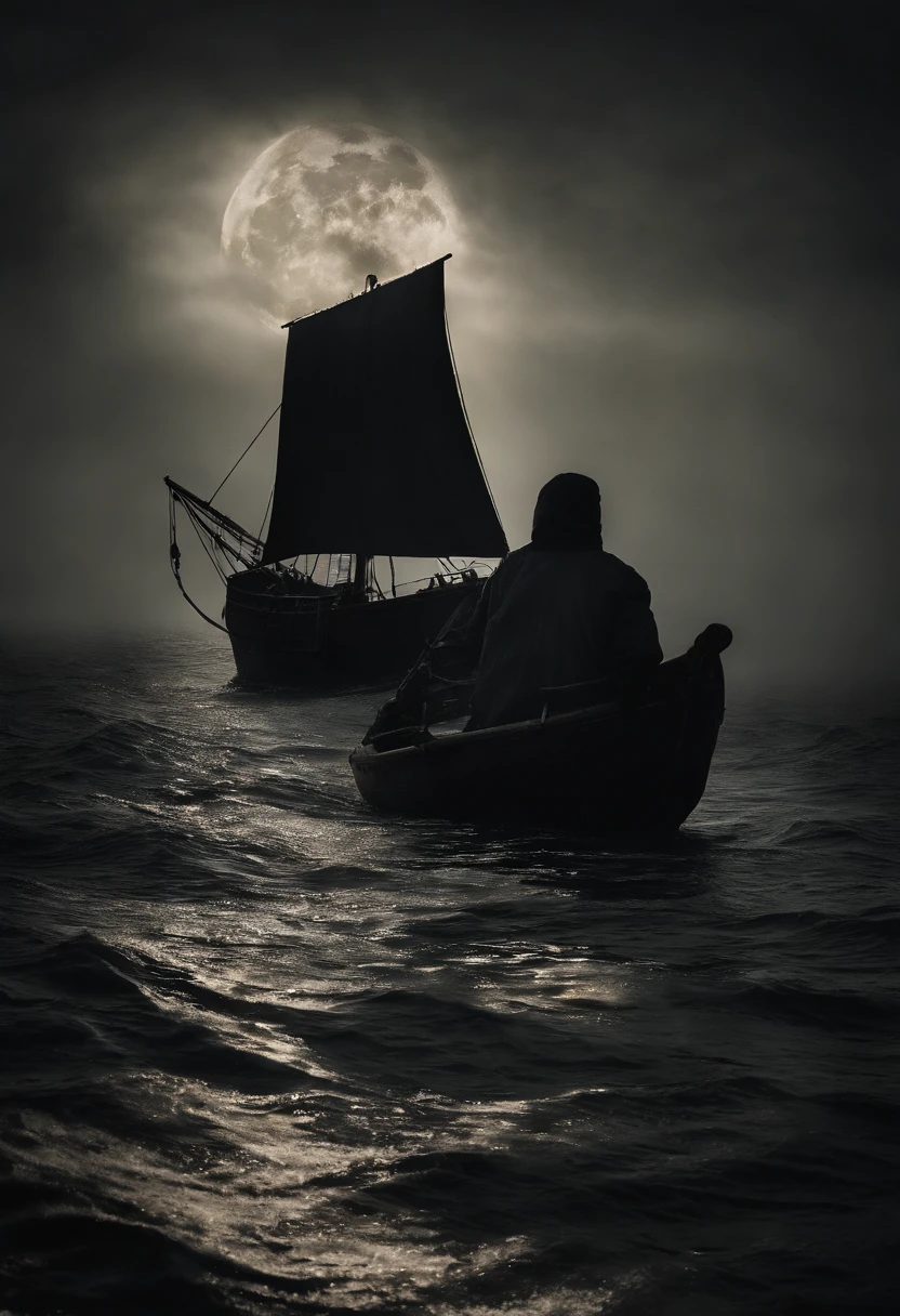 "Standing atop his ship, a dark and mysterious Pirate captain, utterly desolate, his face etched with profound sorrow and despair, adorned with a thick beard and a captain's hat. Sailing through misty seas, clutching a flickering candle that casts a feeble light, revealing only half of his face, he is shrouded in profound loneliness. The atmosphere is enshrouded in an eerie, surrealistic, and mysterious marine landscape, where the moonlight barely penetrates the haunting mist. The seascape is both strange and ethereal, with a haunting, ominous aura. The solitary captain navigates silently through the unknown, his candle's flickering light barely illuminating the invisible dangers lurking in the mist. Curiosity and uncertainty envelop him as he embarks on this enchanted journey through the darkness. His silhouette appears as a dark, veiled mystery, revealing only half of his face. Distant echoes of the sea and whispering winds add to the mysterious mist that cloaks the scene. The supernatural beauty of the surroundings is both calm and eerie, reflecting the moon's ghostly glow on the water's surface. Dark waves crash against the ship, majestic yet sinister. He sails quietly into the unknown, alone on night watch, on the brink of a dream, with stories hidden in the mist and shadows dancing in the candlelight. It's an incessant journey into darkness, filled with a sense of anticipation and apprehension, as veiled secrets and hidden truths lie in the unfathomable depths. The path through the mist is uncertain, and the beauty within it remains invisible."