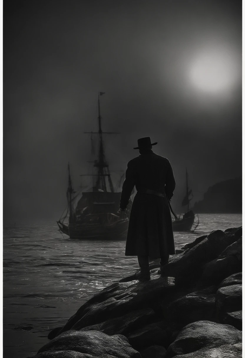 "Standing atop his ship, a dark and mysterious Pirate captain, utterly desolate, his face etched with profound sorrow and despair, adorned with a thick beard and a captain's hat. Sailing through misty seas, clutching a flickering candle that casts a feeble light, revealing only half of his face, he is shrouded in profound loneliness. The atmosphere is enshrouded in an eerie, surrealistic, and mysterious marine landscape, where the moonlight barely penetrates the haunting mist. The seascape is both strange and ethereal, with a haunting, ominous aura. The solitary captain navigates silently through the unknown, his candle's flickering light barely illuminating the invisible dangers lurking in the mist. Curiosity and uncertainty envelop him as he embarks on this enchanted journey through the darkness. His silhouette appears as a dark, veiled mystery, revealing only half of his face. Distant echoes of the sea and whispering winds add to the mysterious mist that cloaks the scene. The supernatural beauty of the surroundings is both calm and eerie, reflecting the moon's ghostly glow on the water's surface. Dark waves crash against the ship, majestic yet sinister. He sails quietly into the unknown, alone on night watch, on the brink of a dream, with stories hidden in the mist and shadows dancing in the candlelight. It's an incessant journey into darkness, filled with a sense of anticipation and apprehension, as veiled secrets and hidden truths lie in the unfathomable depths. The path through the mist is uncertain, and the beauty within it remains invisible."
