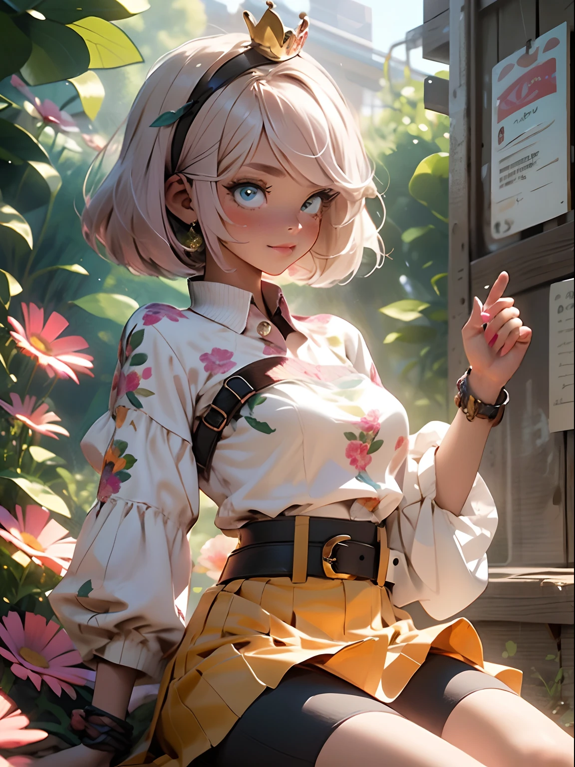 18 year old beautiful girl, masterpiece, best quality, 8K animation, detailed fingers, precise fingers, not unnatural hands, illustration, 1 girl, solo, pink bob cut, gold crown, flower hair ornament, sagging eyes, red mini skirt, YUI