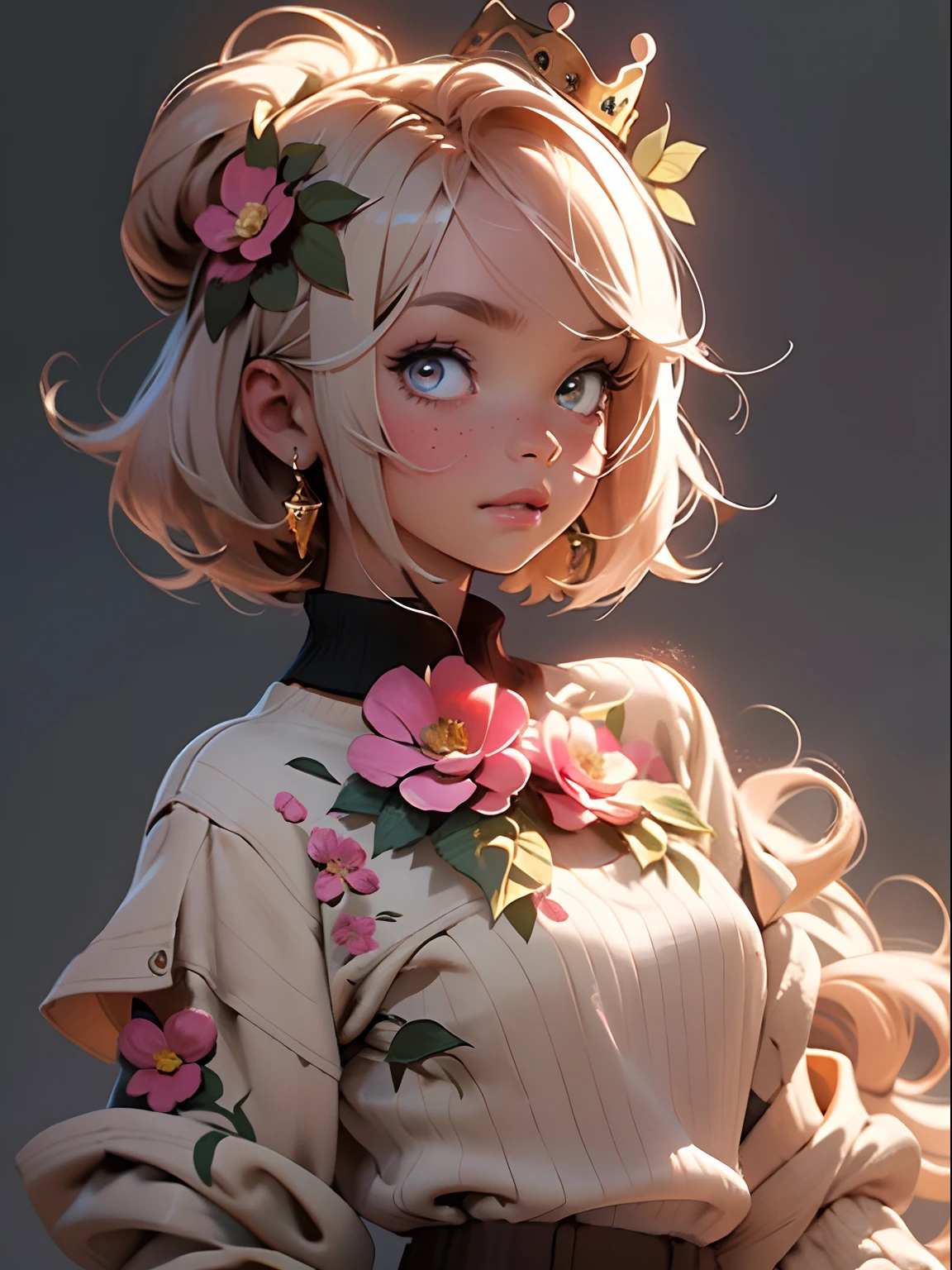 18 year old beautiful girl, masterpiece, best quality, 8K animation, detailed fingers, precise fingers, not unnatural hands, illustration, 1 girl, solo, pink bob cut, gold crown, flower hair ornament, sagging eyes, red mini skirt, YUI
