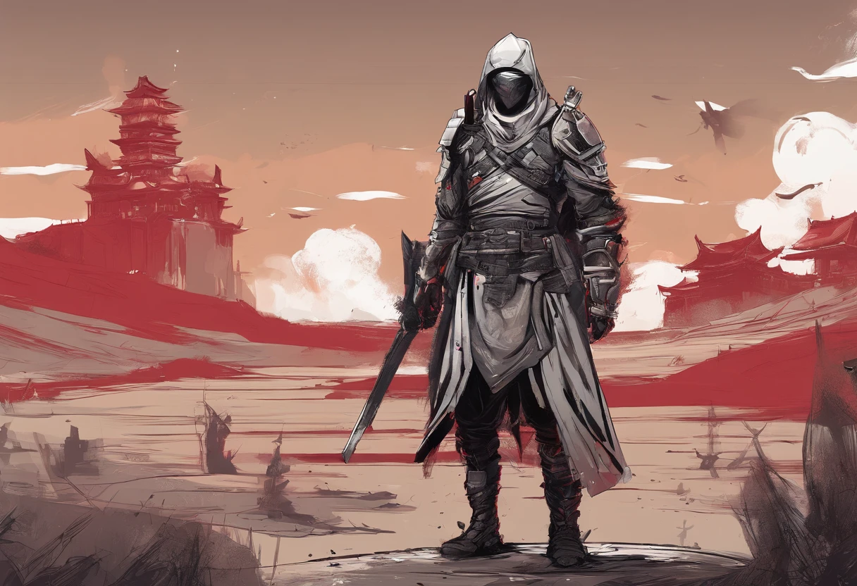Post-apocalyptic wars, Shades of white, Nero, A desert, survivor, , shadowing, Gloomy atmosphere, darkly, ((natta)),book cover,Humble clothing,Crude armor,patches,Samurai of Japan,red armor,masks