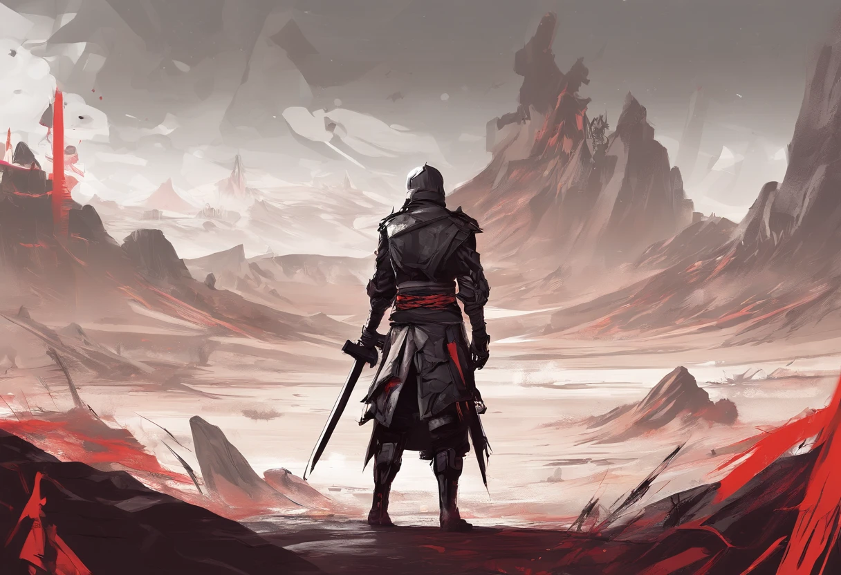 Post-apocalyptic wars, Shades of white, Nero, A desert, survivor, , shadowing, Gloomy atmosphere, darkly, ((natta)),book cover,Humble clothing,Crude armor,patches,Samurai of Japan,red armor,masks