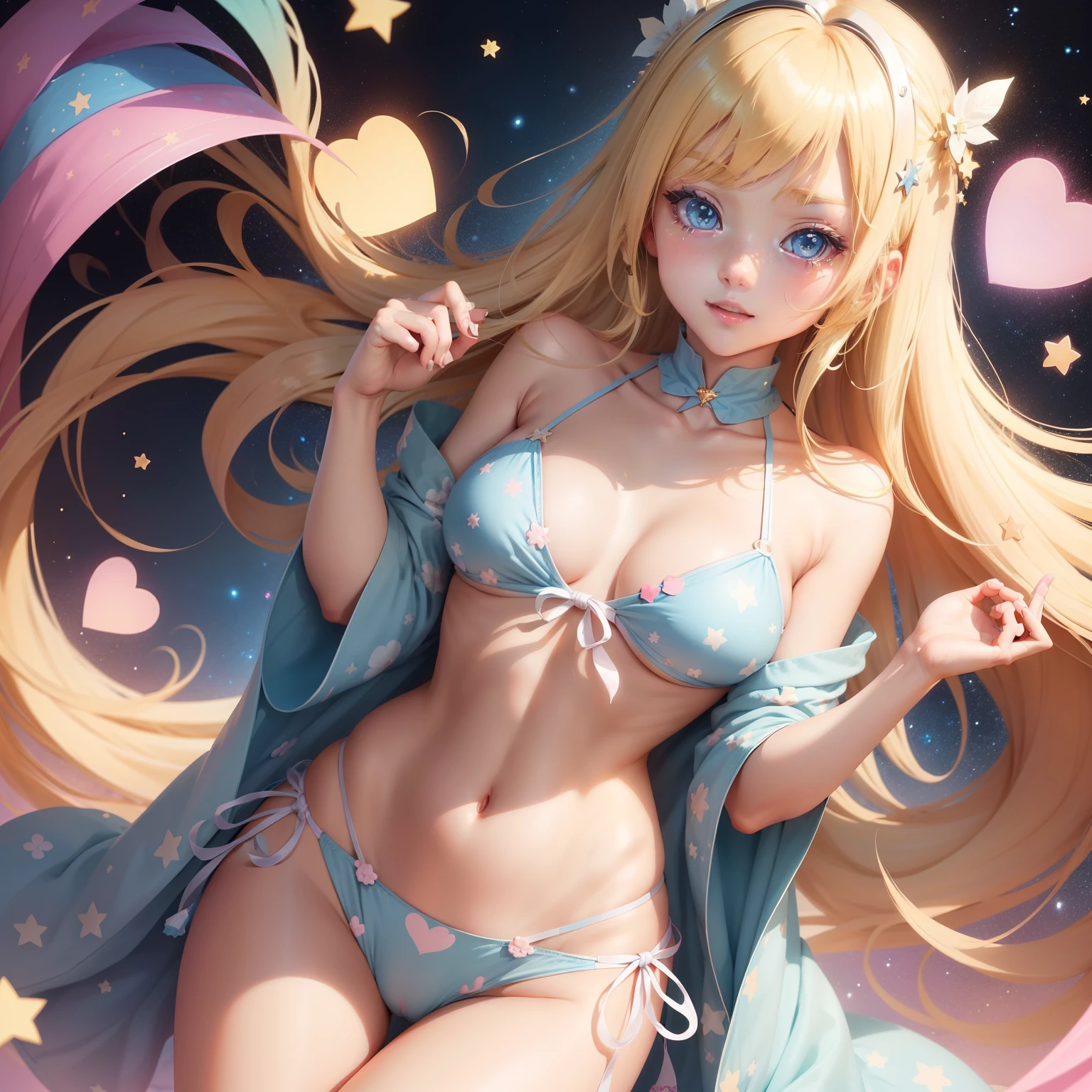 Make stickers for anime blonde beautiful girls。She has bright blonde hair and、Has blue eyes。Her outfit is adorable、The bikini。There are glittering stars and heart decorations around.、Complement her with pastel colors for the background