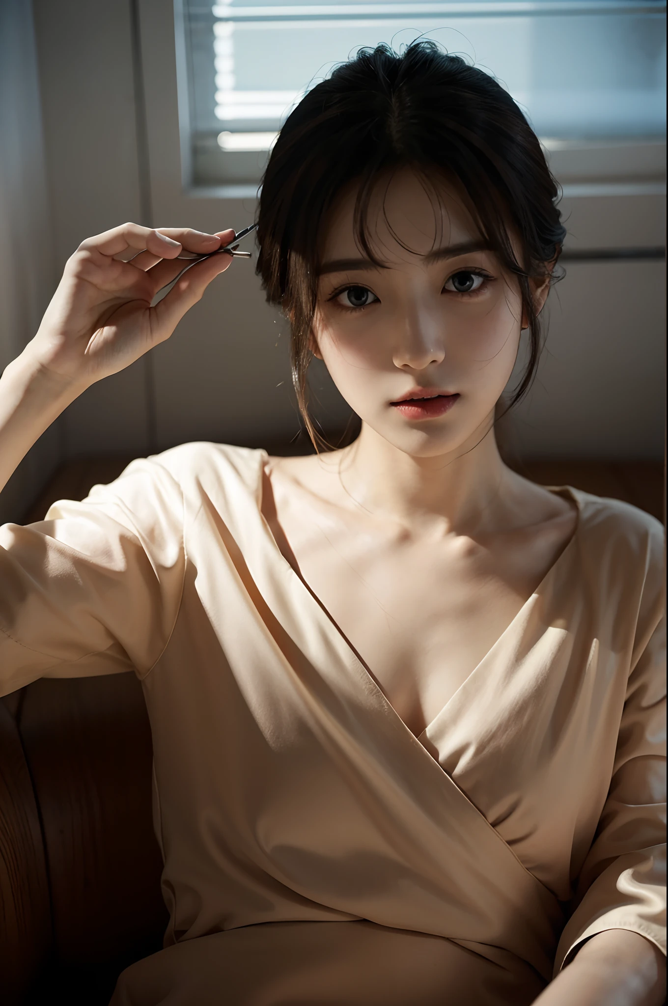 dressing、（Photo-reality：1.4）、（Hyper-realistic：1.4）、（Real Scene：1.3）、 （Smoother lighting：1.05）、（Improve lighting quality in movies：0.9）、32 k、 1GIRL、20岁女孩、realistic illumination、The light from the back window is backlighted、Facial light、Ray traching、（Brighten light：1.2）、（enchanced quality：1.4）、 （Top quality true texture skin）、Delicate eyes、Delicate face、 （exhaustion、sleepy、satisfied：0.0）、closeup of face、student clothes：1.3、韓国アイドル、乃木坂アイドル、hposing Gravure Idol （Physical mood improvement：1.1）、Glossy glossy skin、韓国アイドル、乃木坂アイドル、hposing Gravure Idol、self-shot