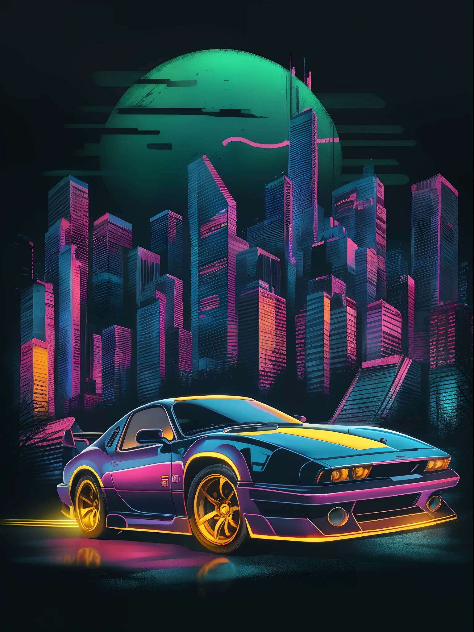 Wear this retro-inspired T-shirt design in the midst of a neon-lit night scene. Imagine that,A stylish 80s sports car traverses the cityscape under neon lights. The futuristic skyline shines with bright colors, Reflective of the shiny surface of the car. Embrace the nostalgia of the 80s and the thrill of high-speed adventure in this exciting design.