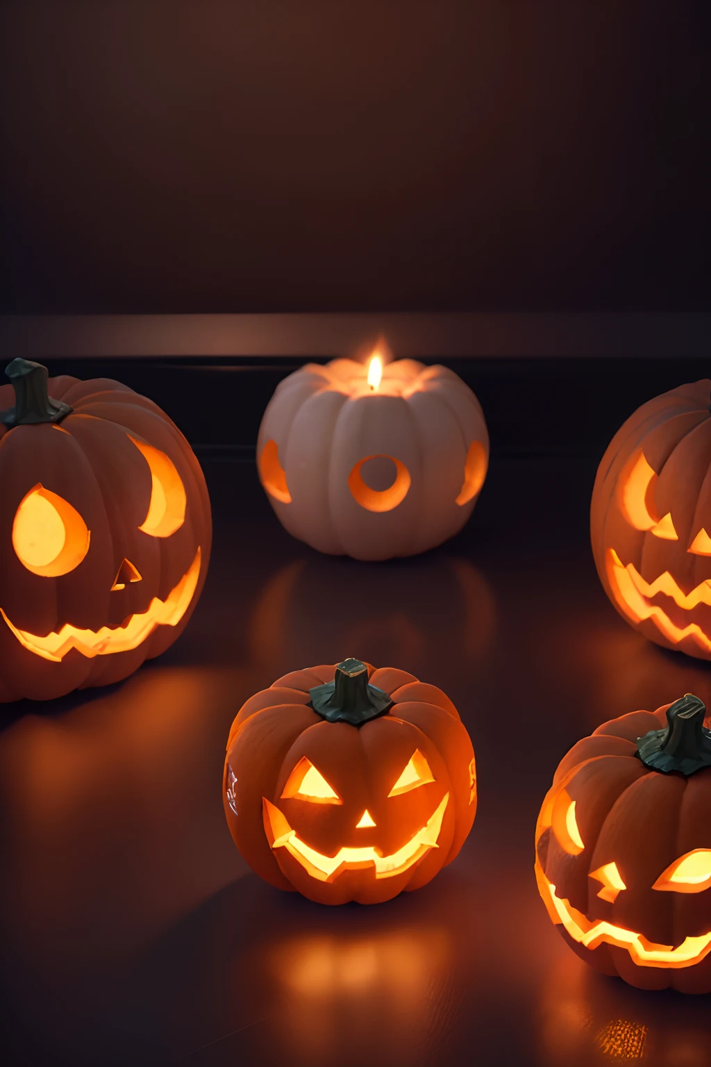 "A festive Halloween decoration scene featuring two beautifully arranged pumpkins. The first pumpkin is carved with a classic, cheerful jack-o'-lantern face, complete with wide, friendly eyes and a broad, toothy grin. The second pumpkin, slightly smaller, is painted with a whimsical design, such as playful ghosts or spooky bats, adding a touch of creativity and fun. Both pumpkins are set on a rustic wooden table or mantel, surrounded by an assortment of Halloween decorations. Scattered around the pumpkins are autumn leaves in vibrant reds, oranges, and yellows, adding to the seasonal feel. A string of glowing fairy lights or Halloween-themed string lights weaves through the arrangement, casting a warm, inviting glow. In the background, a few small decorative items like black cats, miniature witches' hats, and candy corn add extra flair to the scene. The overall composition is lively and colorful, capturing the joy and excitement of Halloween with a festive and cozy atmosphere."