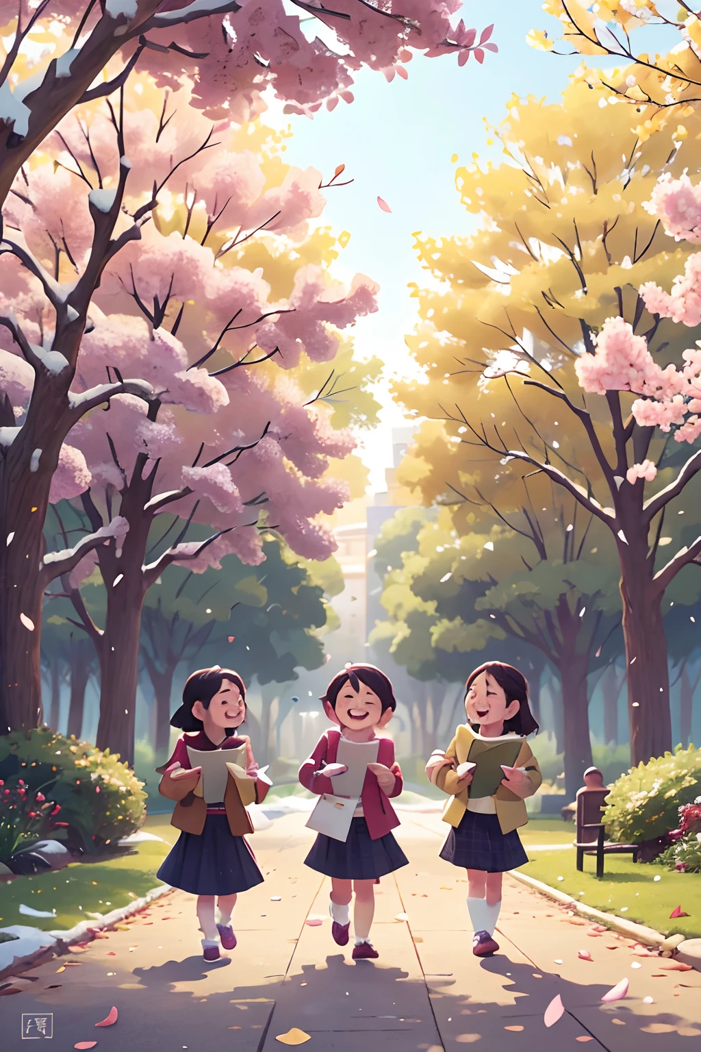 photoRealstic、walk in a city park and enjoy studying with friends、winter, Opens mouth and laughs、up of face、flower petals、season winter
