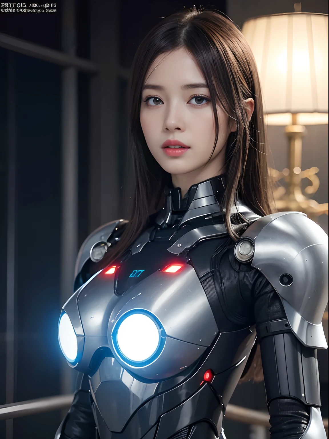 （Fight against mechanical robot soldiers）、top-quality、​masterpiece、超A high resolution、（Wearing a futuristic transparent sun visor）、(Photorealsitic:1.4)、Raw photo、***1人、Black hair、glowy skin、((1 Mechanical Girl))、((super realistic details))、portlate、（Small LED lamp）、Wire tubes that glow all over the body、globalillumination、Shadow、octan render、8K、Armpit、ultrasharp、Colossal tits、Small LED lamp、Raw skin is exposed in cleavage、metals、blood vessels connected to tubes、Red bodysuit、Armpit、Cyberpunk city background、Details of complex ornaments、Japan details、highly intricate detail、Realistic light、CGSoation Trends、Blue eyes、radiant eyes、Facing the camera、neon details、（Helmet of the Brave）、Mechanical limbs、blood vessels connected to tubes、Mechanical vertebrae attached to the back、mechanical cervical attaching to neck、Wires and cables connecting to the head、Gundam、Small LED lamp、Toostock、Toostock、