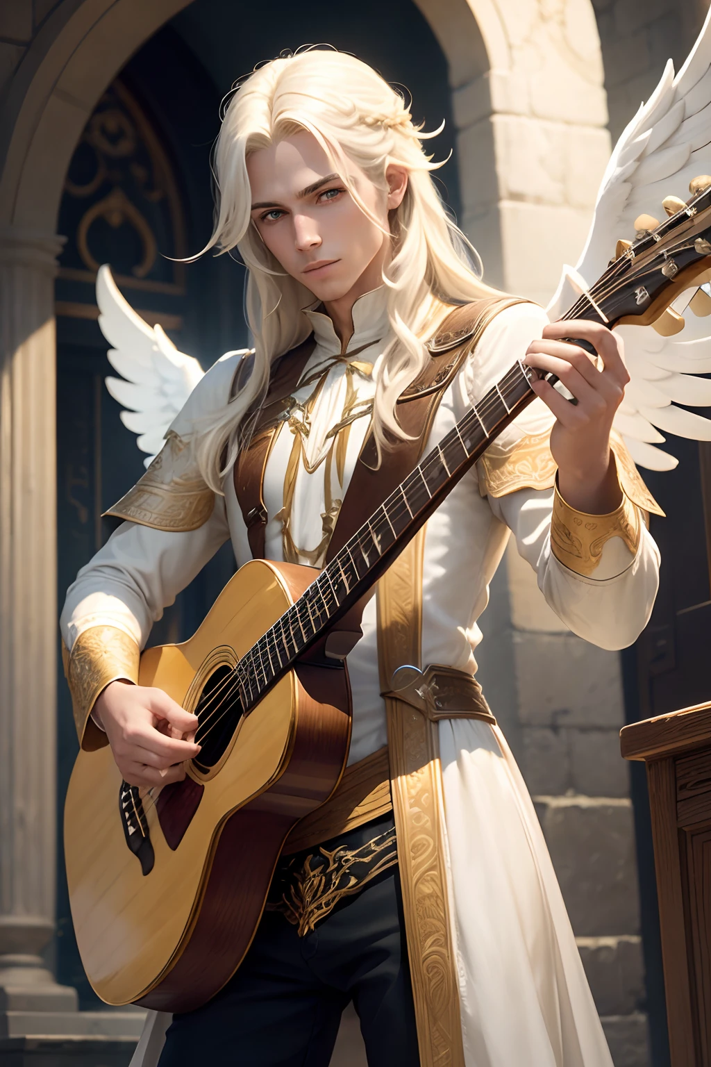 Male Aasimer Bard adventurer, long white blonde hair. Green eyes, big angel wings, playing a golden guitar.