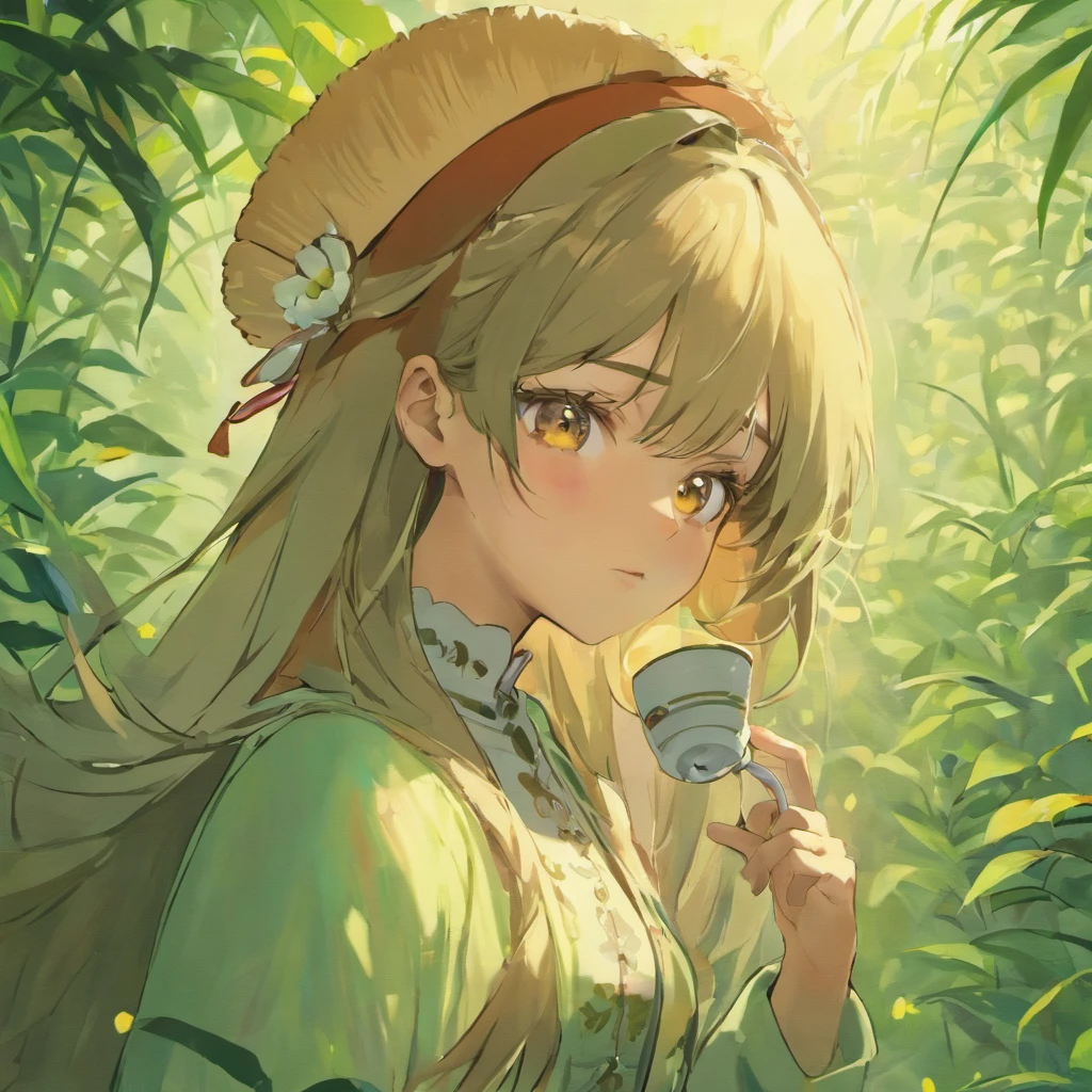 (sharp focus:1.2), photo, beautiful 23 year old Indian woman wearing a hat, with a steamy cup and tea plantation advertising for a herbal tea brand, (pretty face:1.1), detailed eyes, lush lips, (cat eye makeup:0.85), (wavy hair), lusty look, wearing (white female business attire)