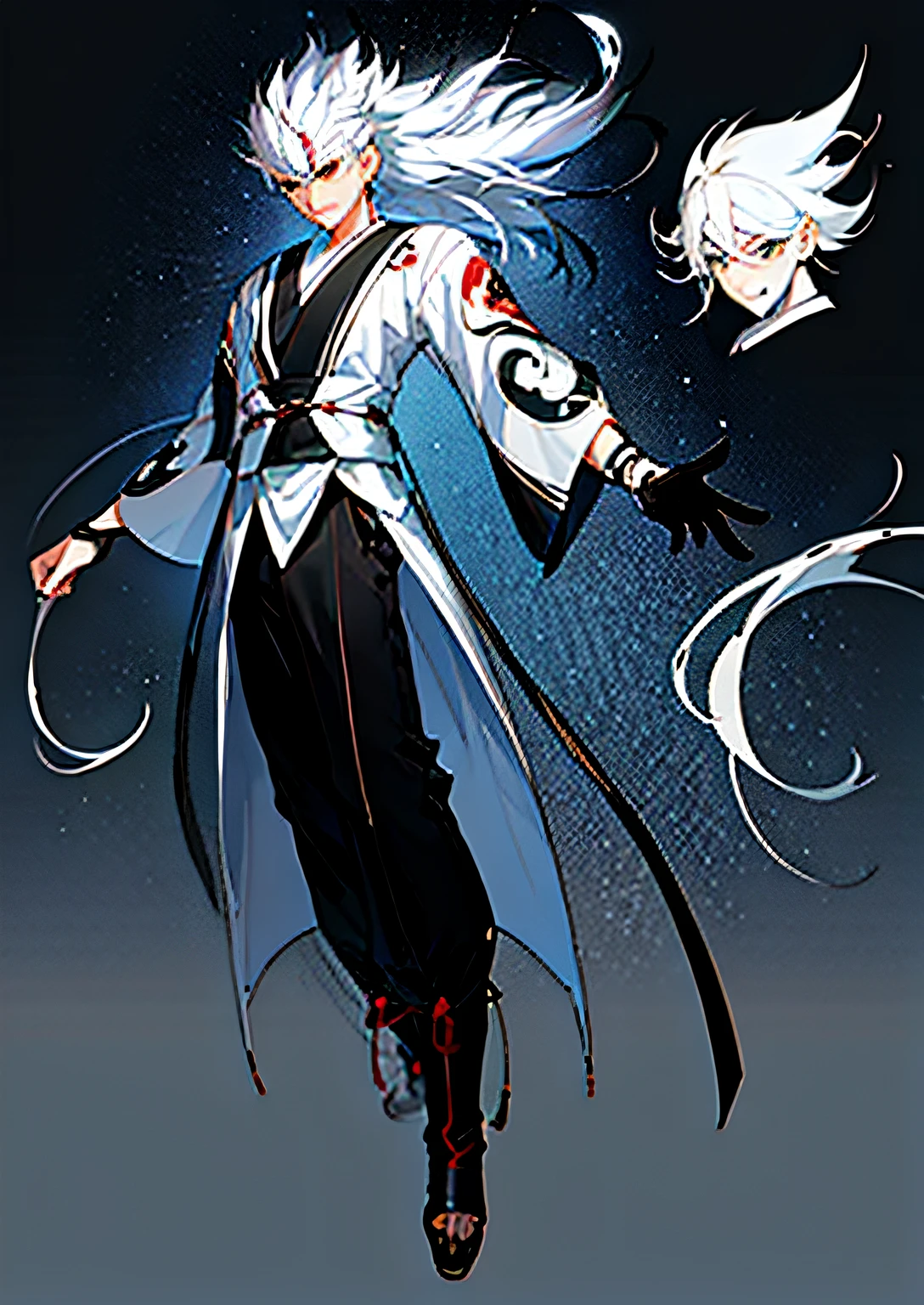 Anime characters with white hair, black pants and white cape, full body concept, ( ( concept art of character ) ), new costume concept design, inspired by Sōami, full body character concept, full body concept art, inspired by Kamisaka Sekka, inspired by Itō Ogura Yonesuke, concept character, detailed full body concept art, character concept