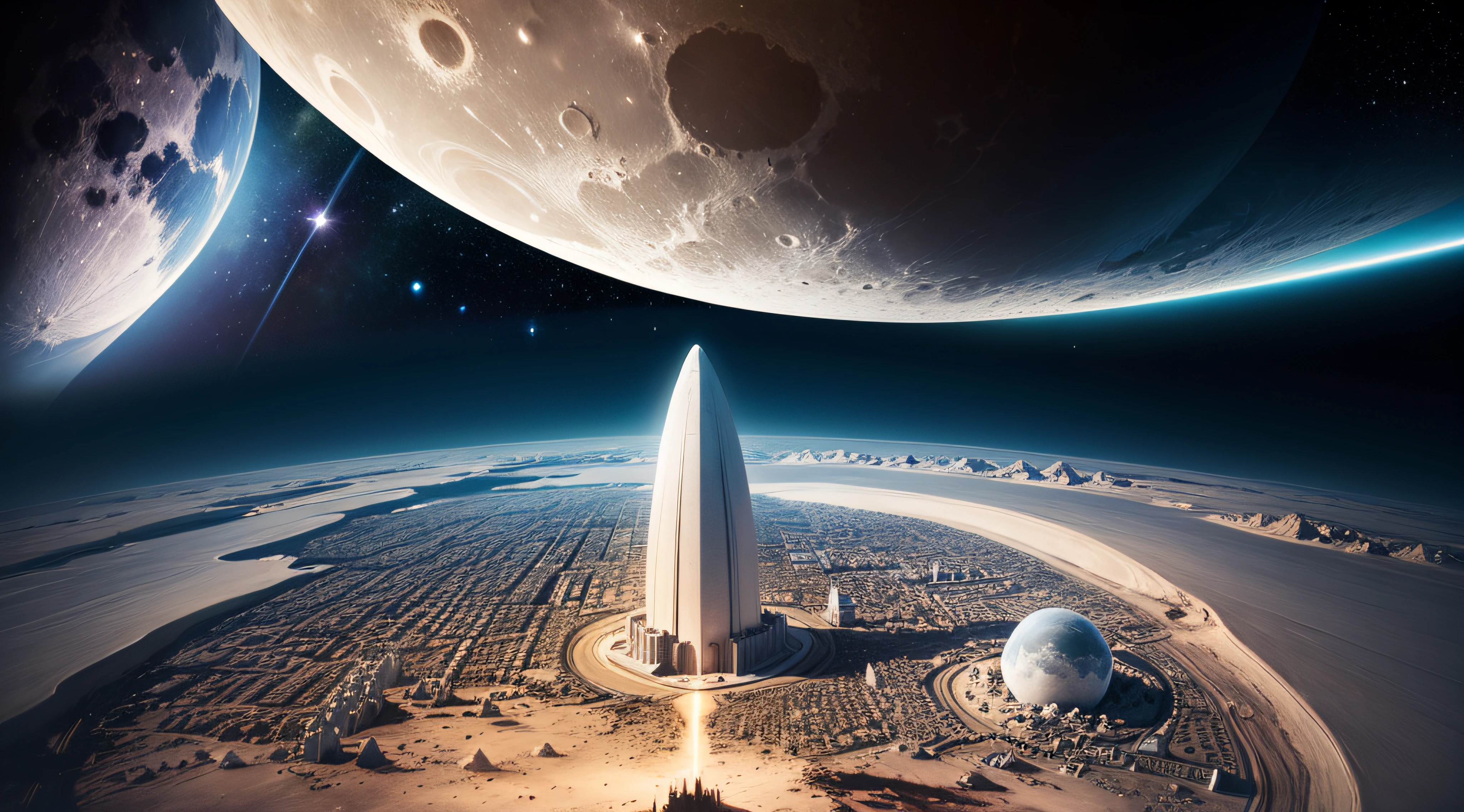 a small town in the Moon, the Earth viewed by citizen, looking to the planet Earths (on the sky)