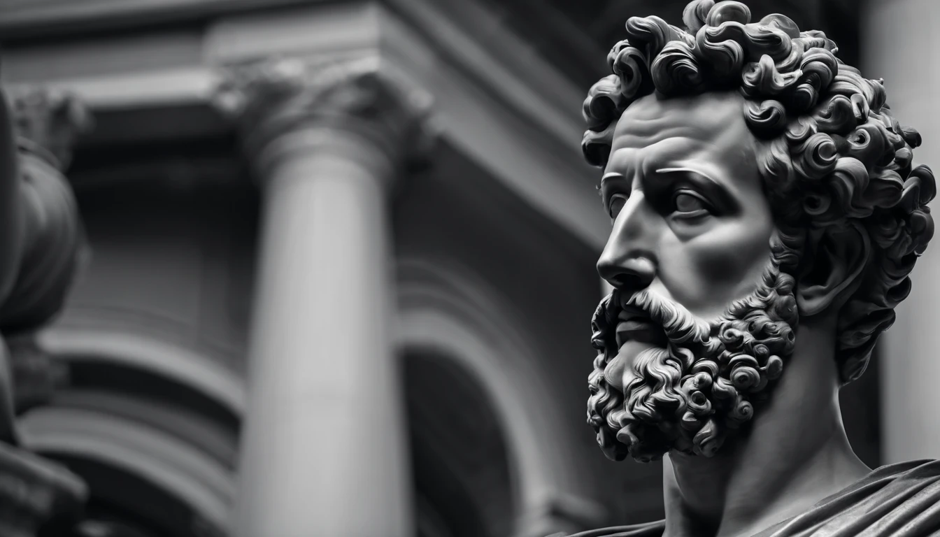 a statue of the stoic Marcus Aurelius in black and white 4K,Face de lado, papel de parede super realista, corpo forte, sem camisa, tronco forte, barriga forte