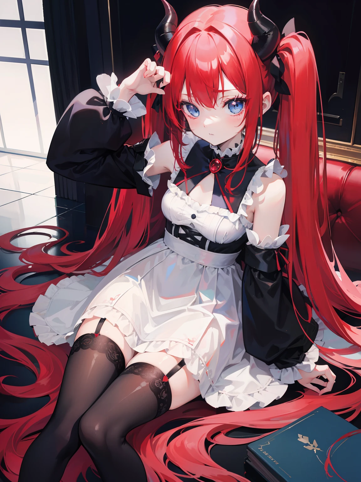 red hair,blue eyes,twintails, long hair, solo, loli, black stockings,{{best quality}}, {{masterpiece}}, {{ultra-detailed}}, {illustration}, {detailed light}, {an extremely delicate and beautiful},little girl,cute,Succubus, demon,horns
