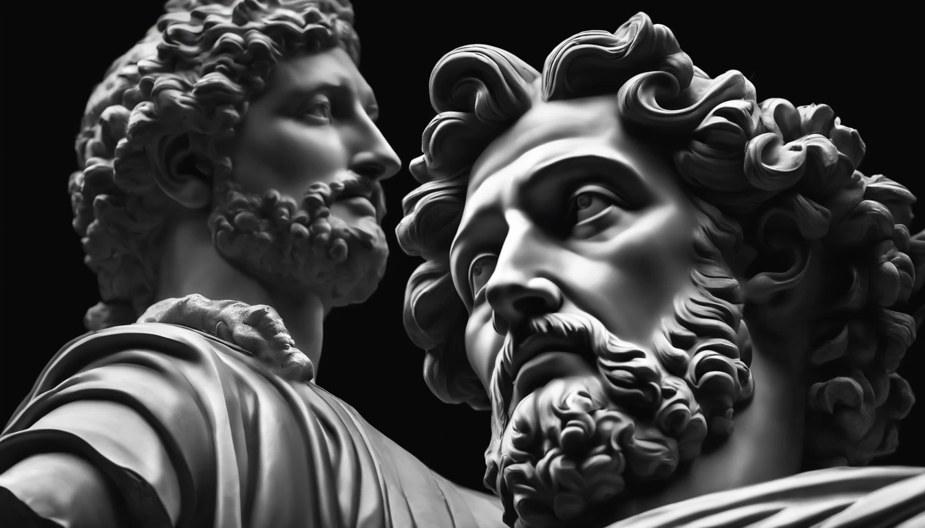 a statue of the stoic Marcus Aurelius in black and white 4K,Face de lado, papel de parede super realista, corpo forte, sem camisa, tronco forte