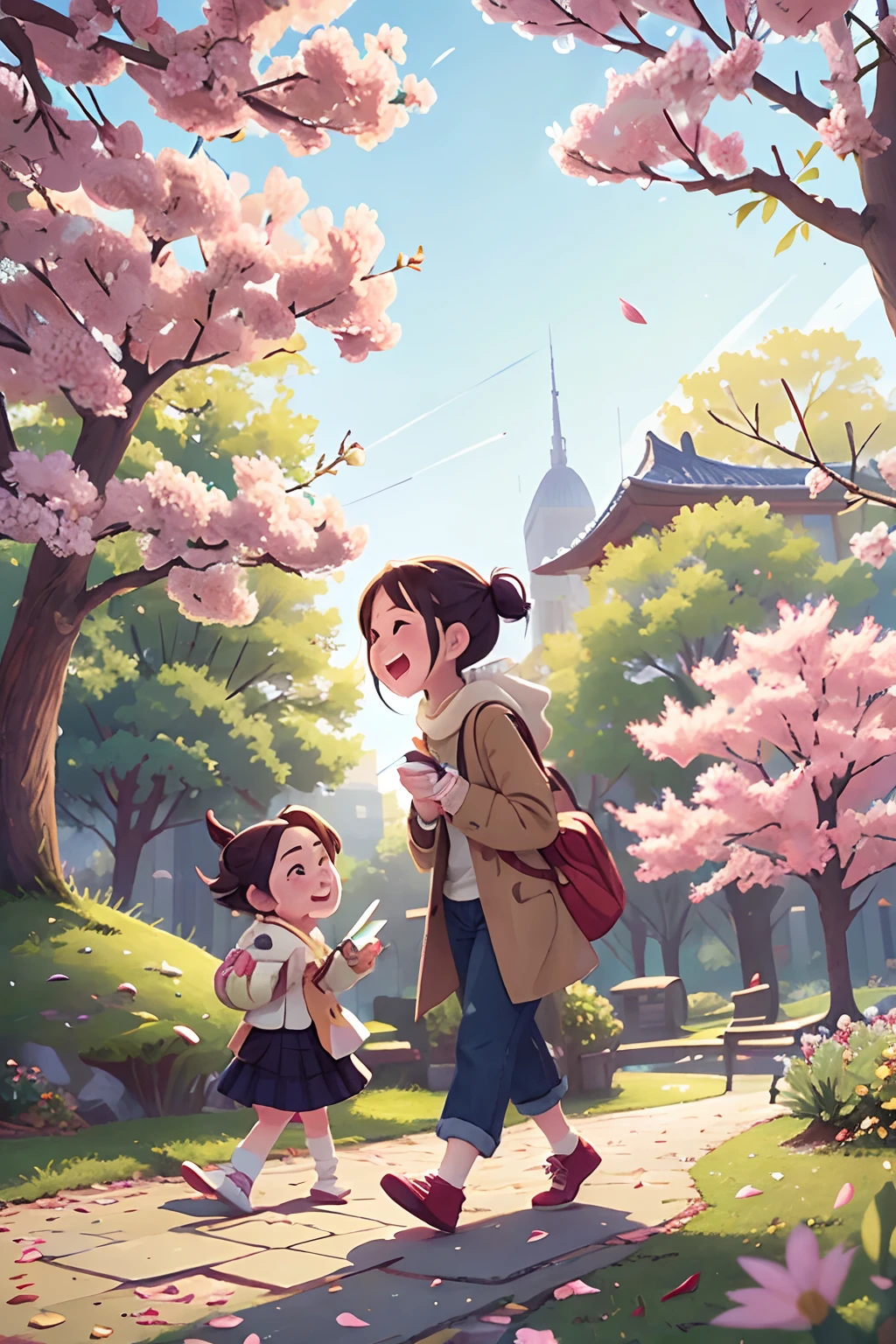 photoRealstic、walk in a city park and enjoy studying with friends、winter, Opens mouth and laughs、up of face、flower petals、season winter