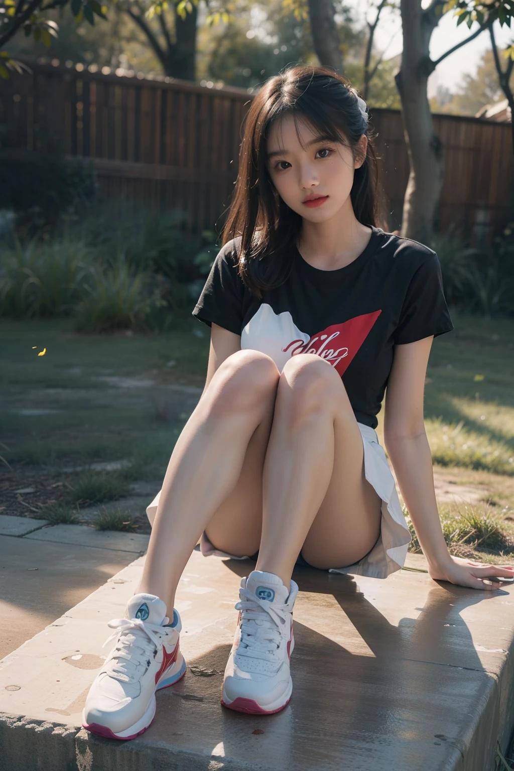 (full bodyesbian:1.5),(1girll:1.3),(view the viewer:1.4),(anatomy correct:1.4),(Sit on top of the hill:1.2),(wearing short skirt:1.2),( athletic sneakers :1.1),(Accurate and perfect face:1.3),(Long legs:1.3),hyper HD, Ray traching, reflective light, structurally correct, Award-Awarded, High detail, Fade-in and fade-out shadow contrast, Face lighting ,Cinematic lighting, Masterpiece, super detailing, High quality, High detail, Best quality, 16k,High contrast,