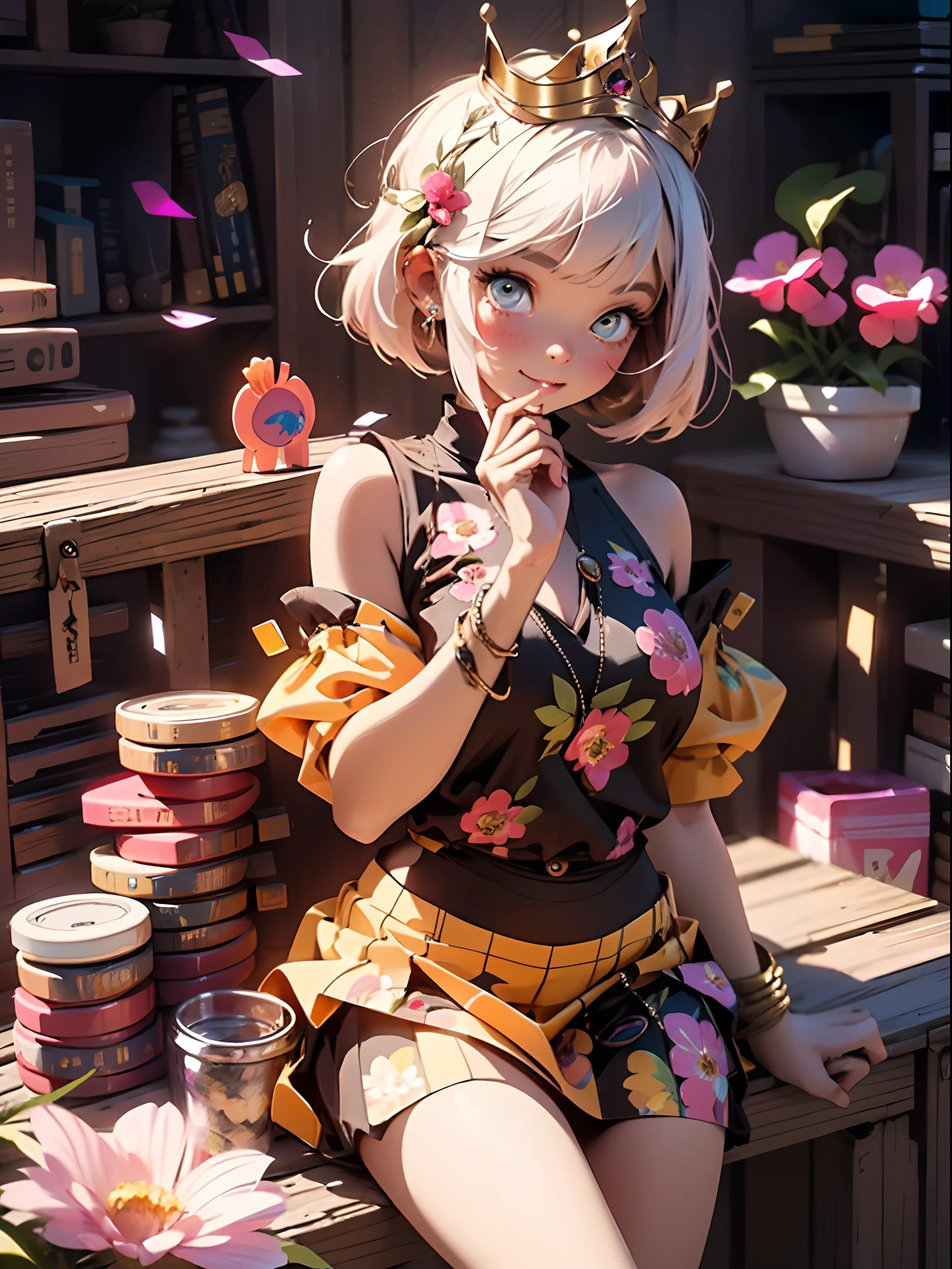 18 year old beautiful girl, masterpiece, best quality, 8K animation, detailed fingers, precise fingers, not unnatural hands, illustration, 1 girl, solo, pink bob cut, gold crown, flower hair ornament, sagging eyes, red mini skirt, YUI