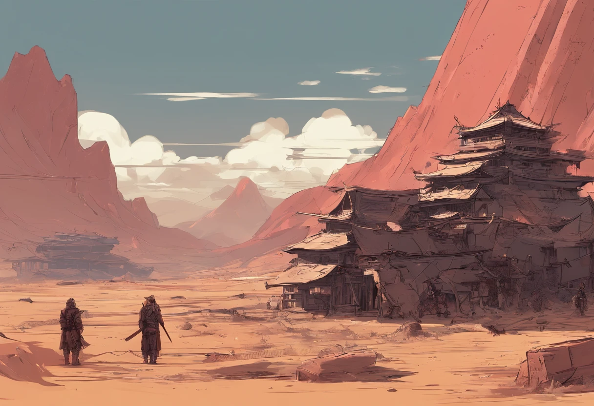 Post-apocalyptic wars, Nero, A desert, survivor, , shadowing, Gloomy atmosphere,Humble clothes,Rough armor,patches,Samurai of Japan,Red armor,Masks,Samurai of Japan,japanese armor,japanses clothes,Wasteland construction