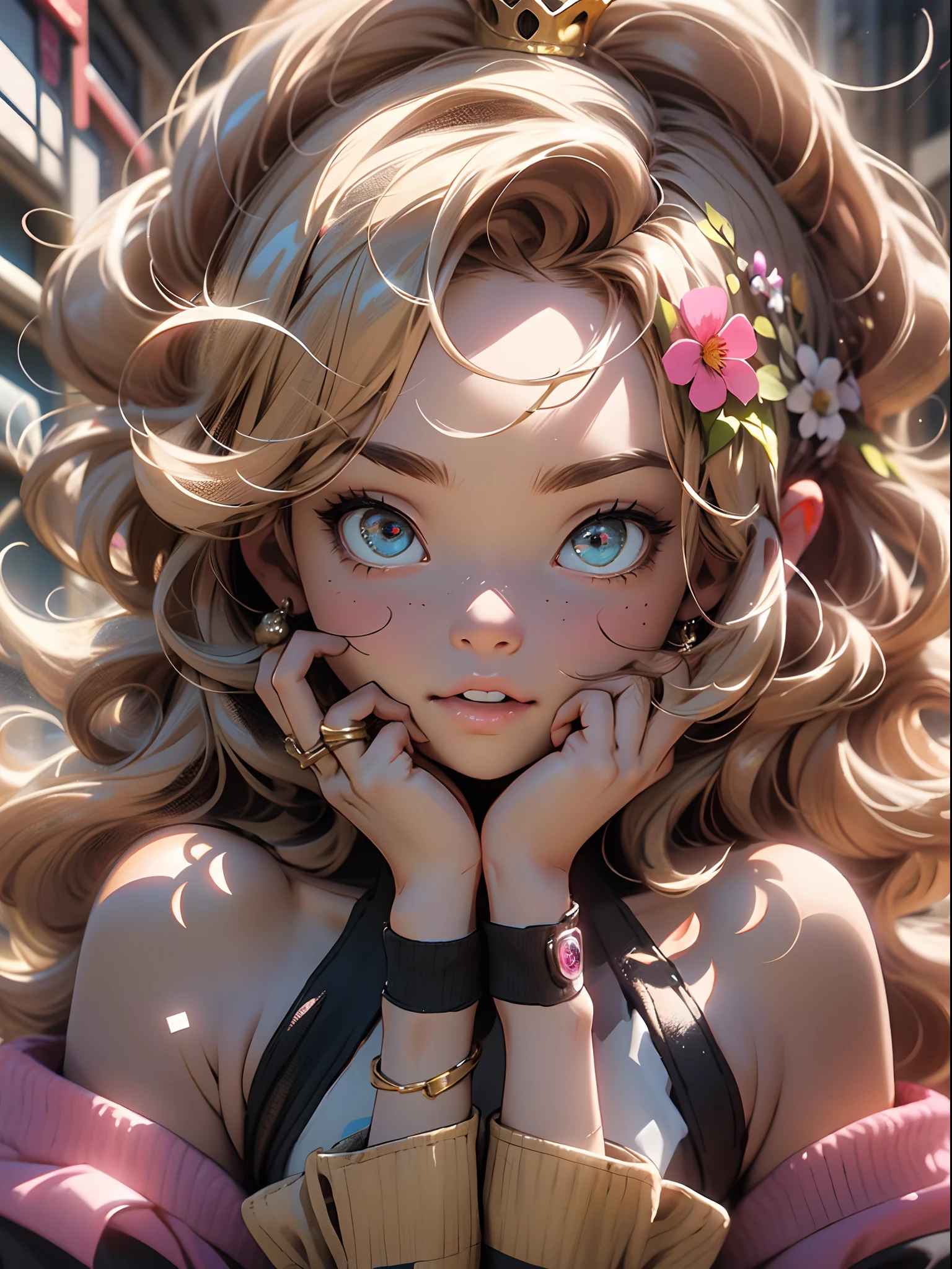 18 year old beautiful girl, masterpiece, best quality, 8K animation, detailed fingers, precise fingers, not unnatural hands, illustration, 1 girl, solo, pink bob cut, gold crown, flower hair ornament, sagging eyes, red mini skirt, YUI